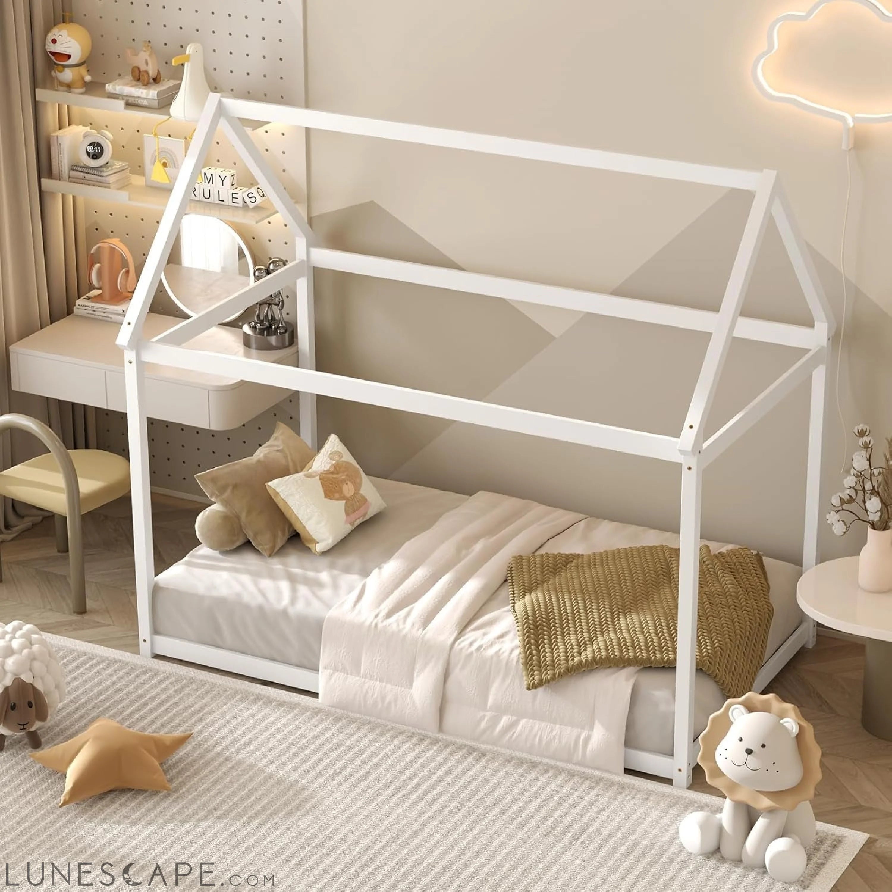 Twin House Bed, Wood Montessori Bed Frame with House Roof Canopy, Low LUNESCAPE