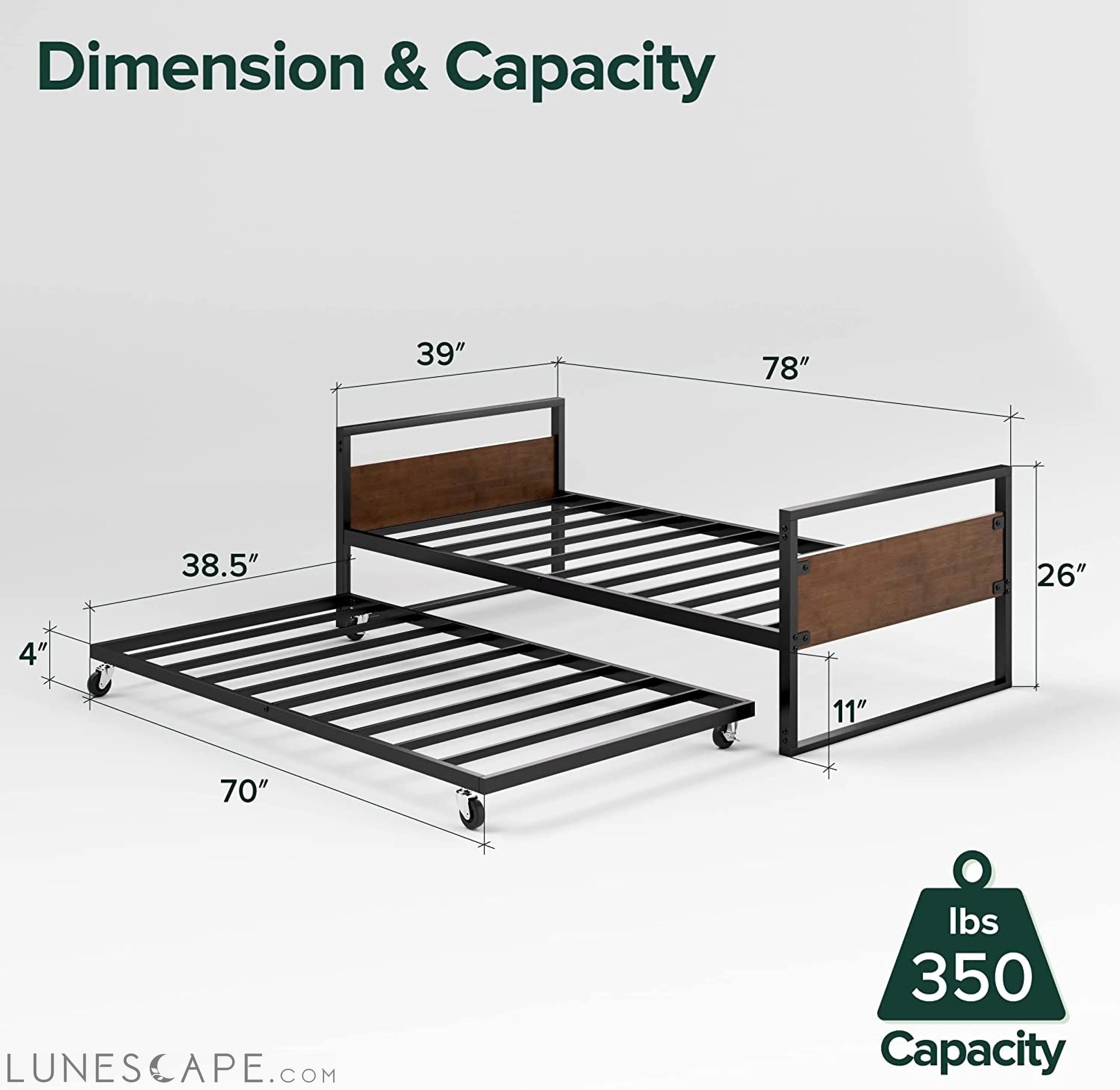 Twin over Full Metal Bunk Beds with Trundle Bed, Black LUNESCAPE