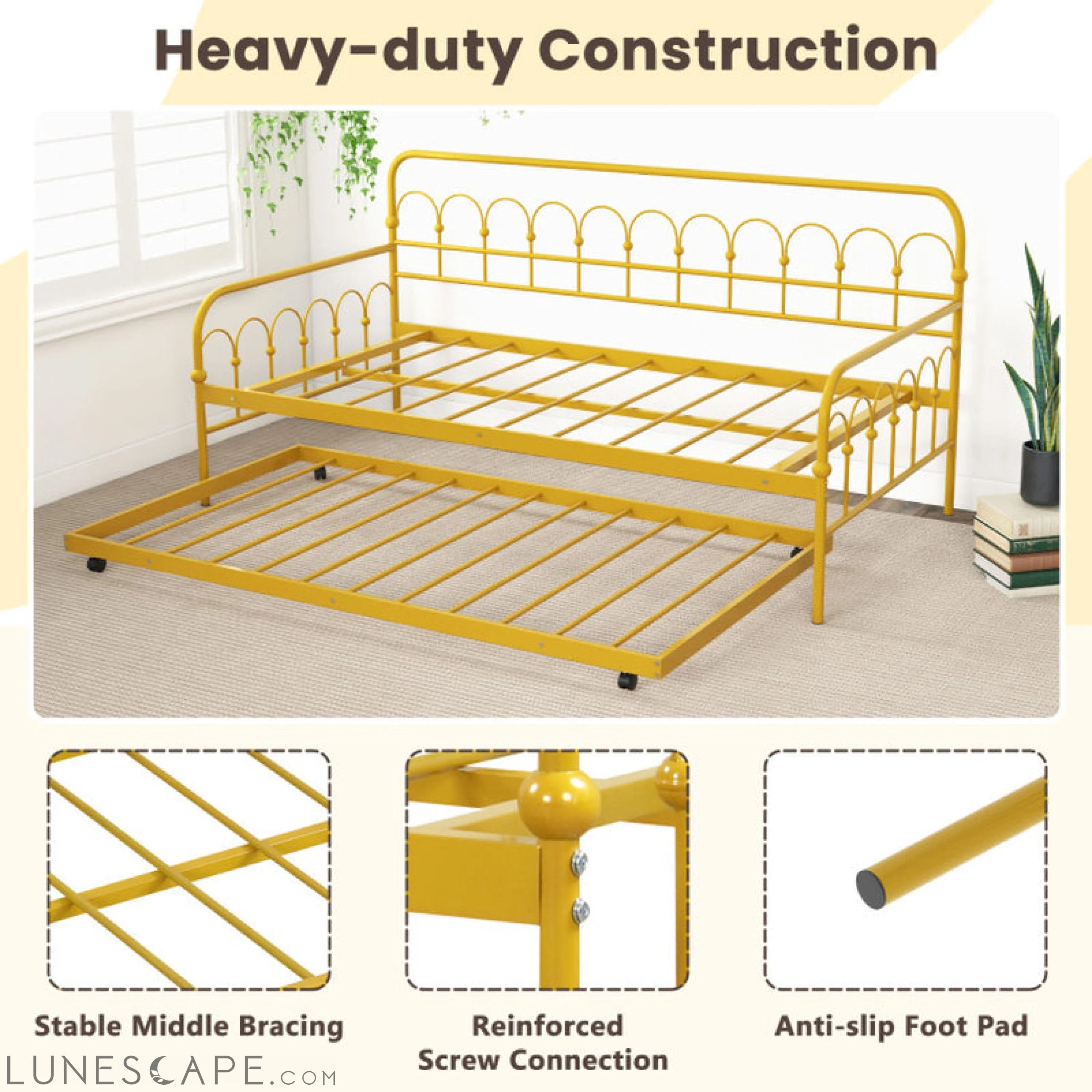 Twin Size Golden Metal Daybed with Trundle and Lockable Wheels LUNESCAPE