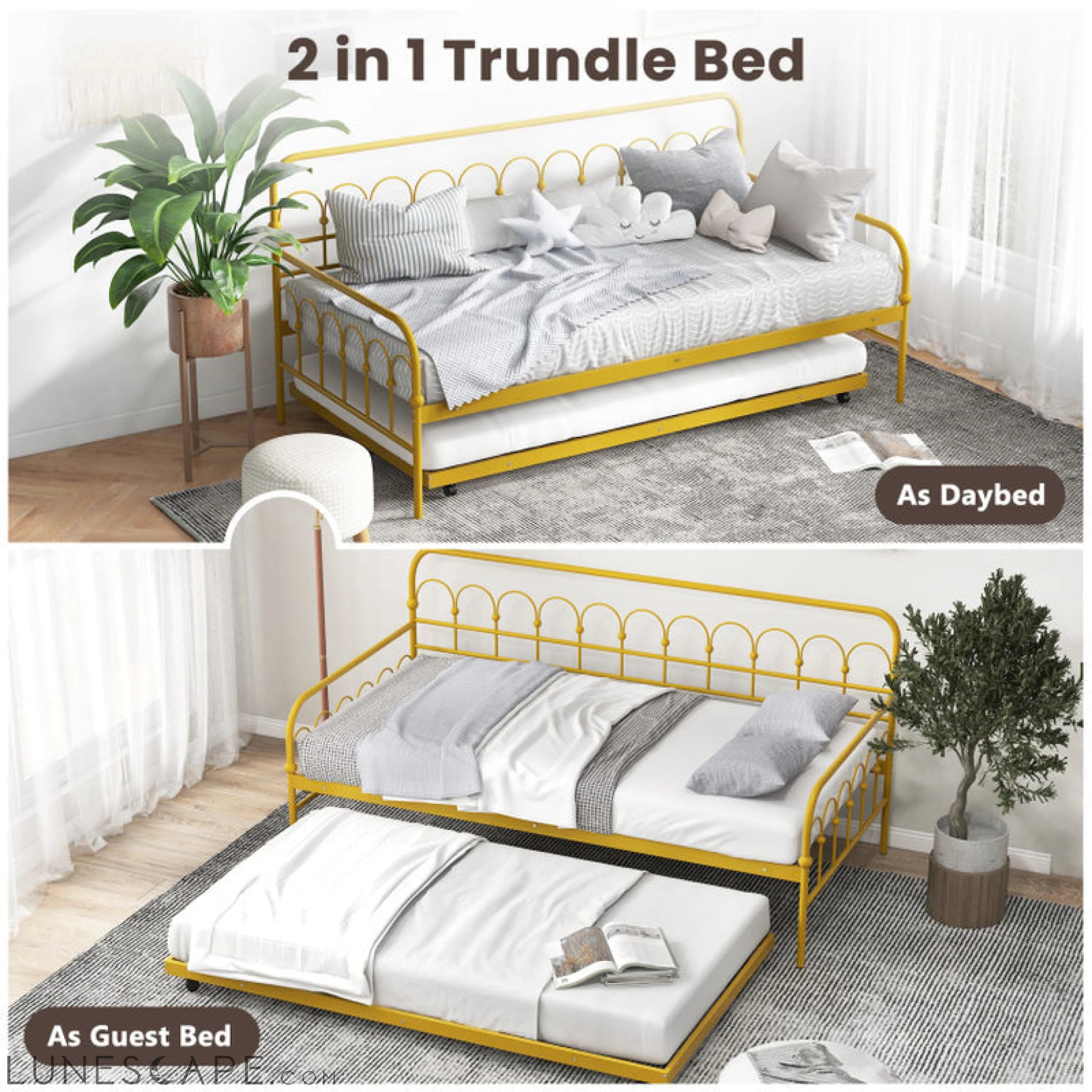 Twin Size Golden Metal Daybed with Trundle and Lockable Wheels LUNESCAPE