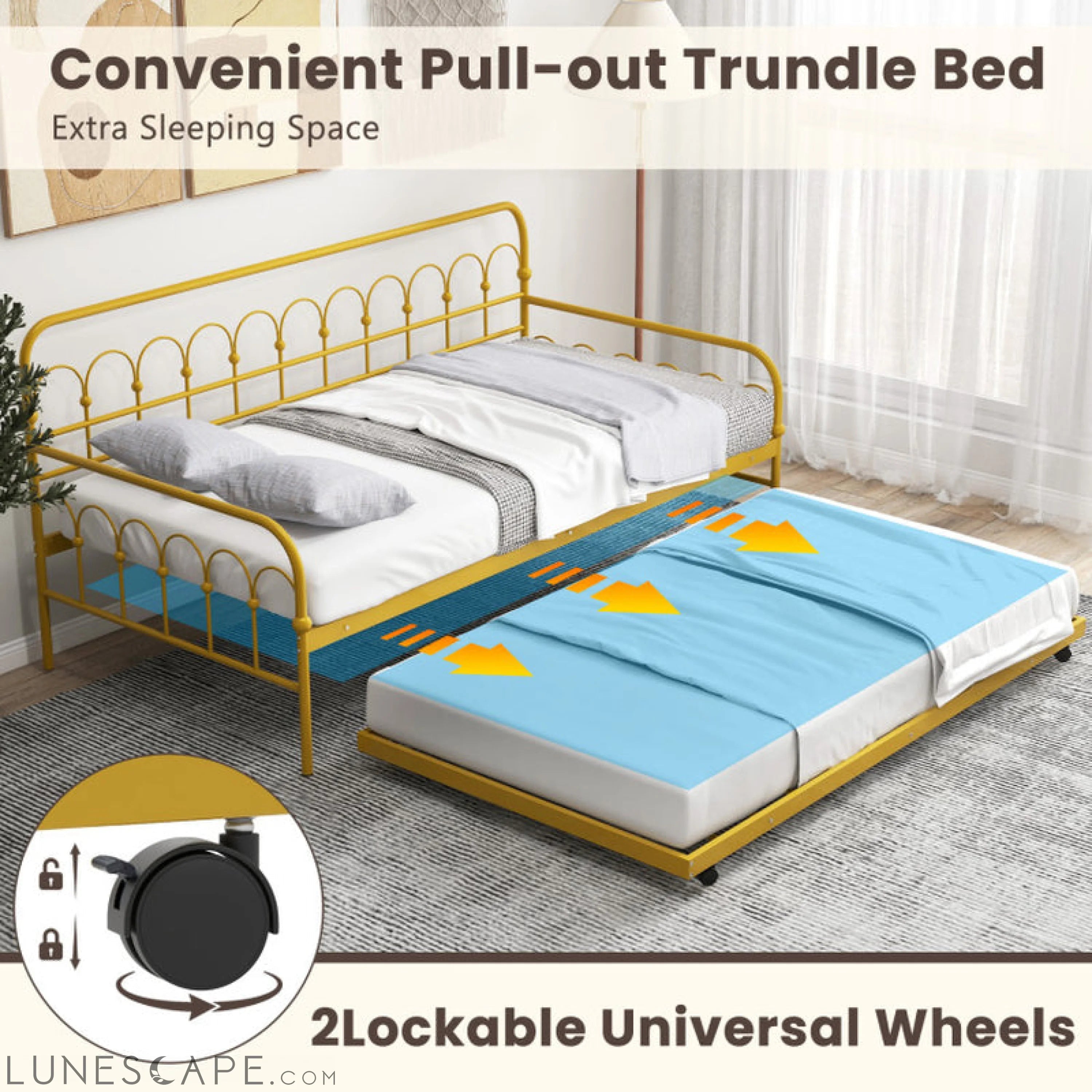 Twin Size Golden Metal Daybed with Trundle and Lockable Wheels LUNESCAPE