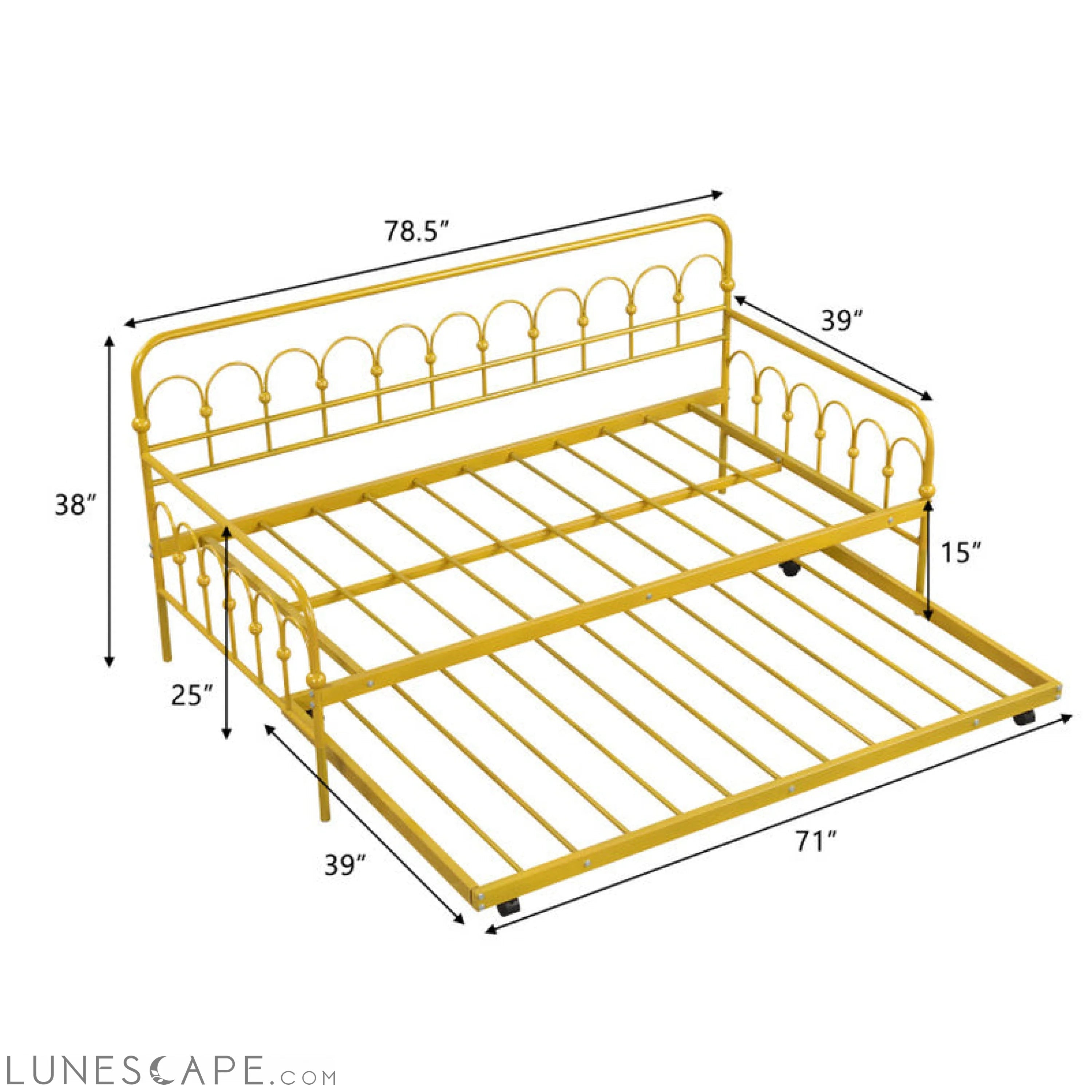 Twin Size Golden Metal Daybed with Trundle and Lockable Wheels LUNESCAPE