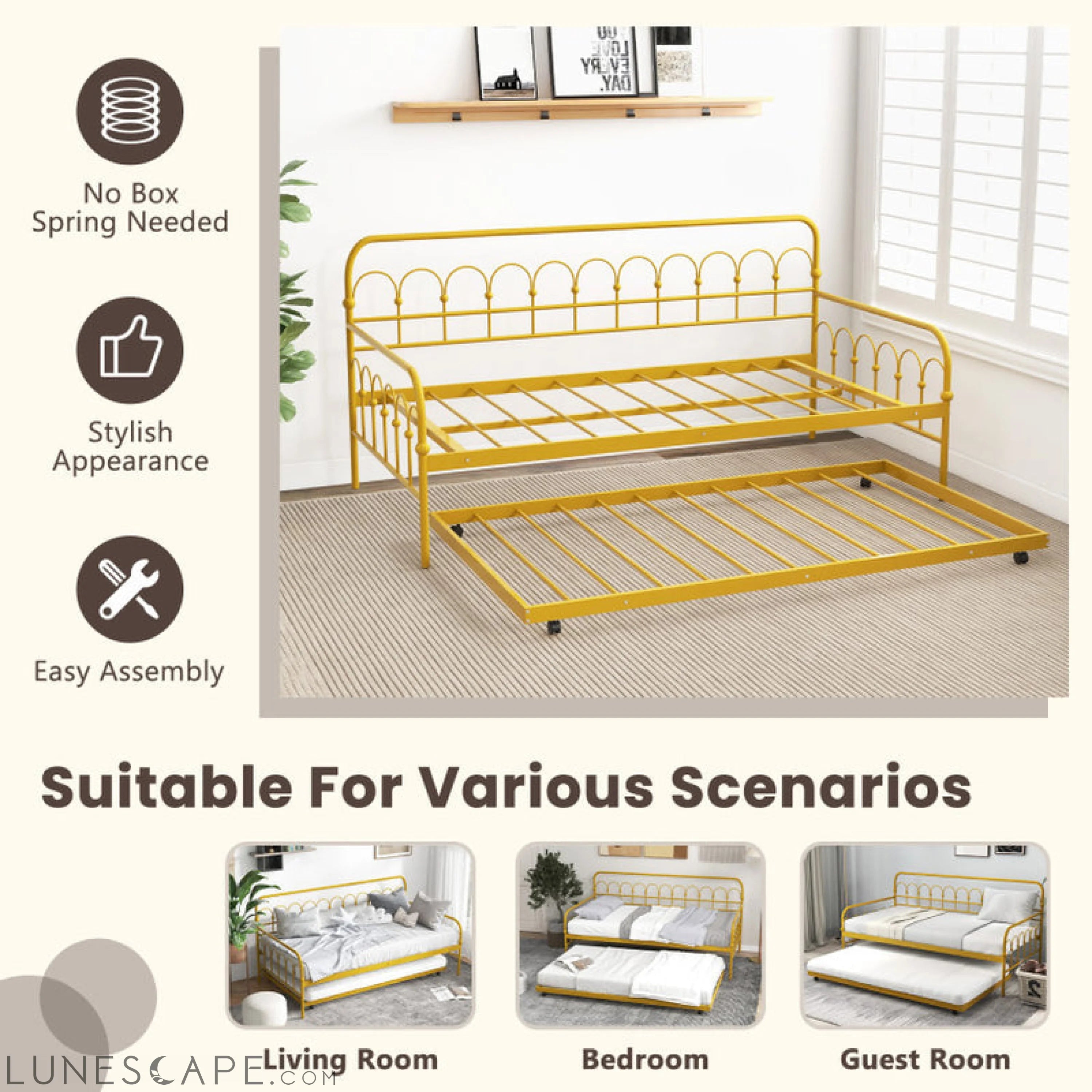 Twin Size Golden Metal Daybed with Trundle and Lockable Wheels LUNESCAPE