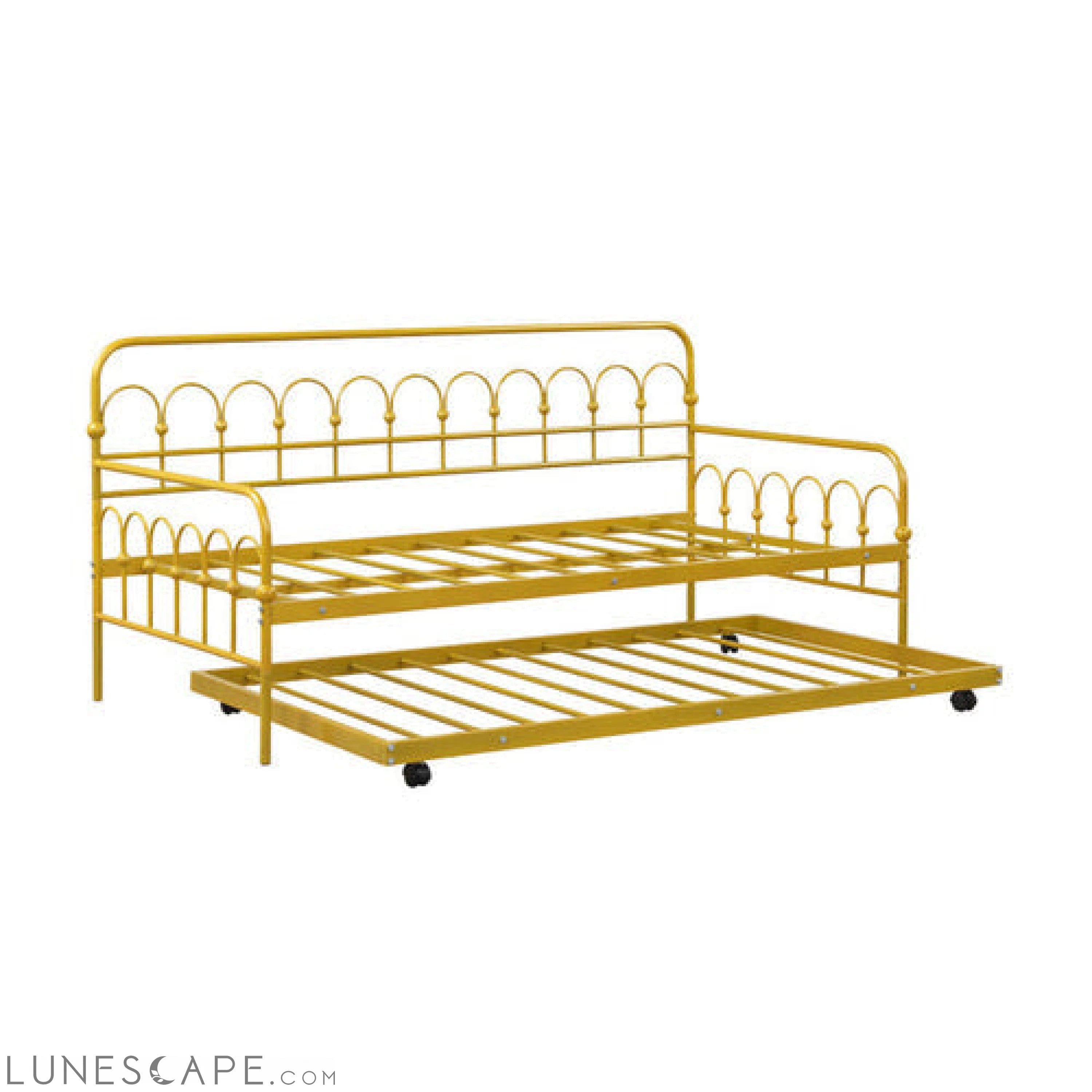 Twin Size Golden Metal Daybed with Trundle and Lockable Wheels LUNESCAPE
