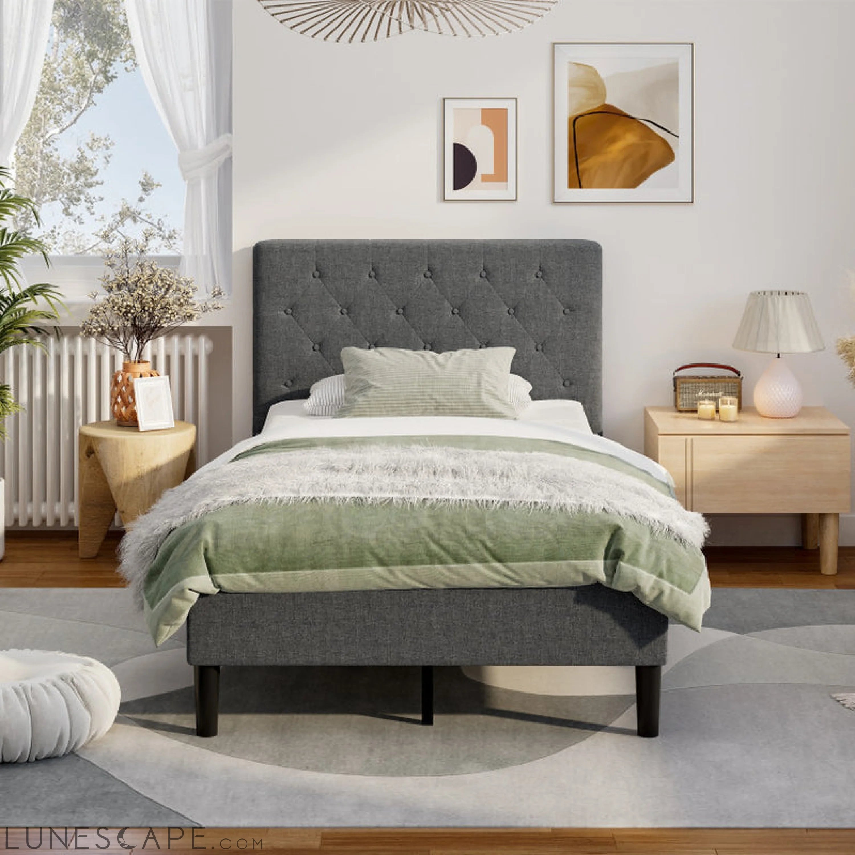Upholstered Bed Base with Button Stitched Headboard LUNESCAPE