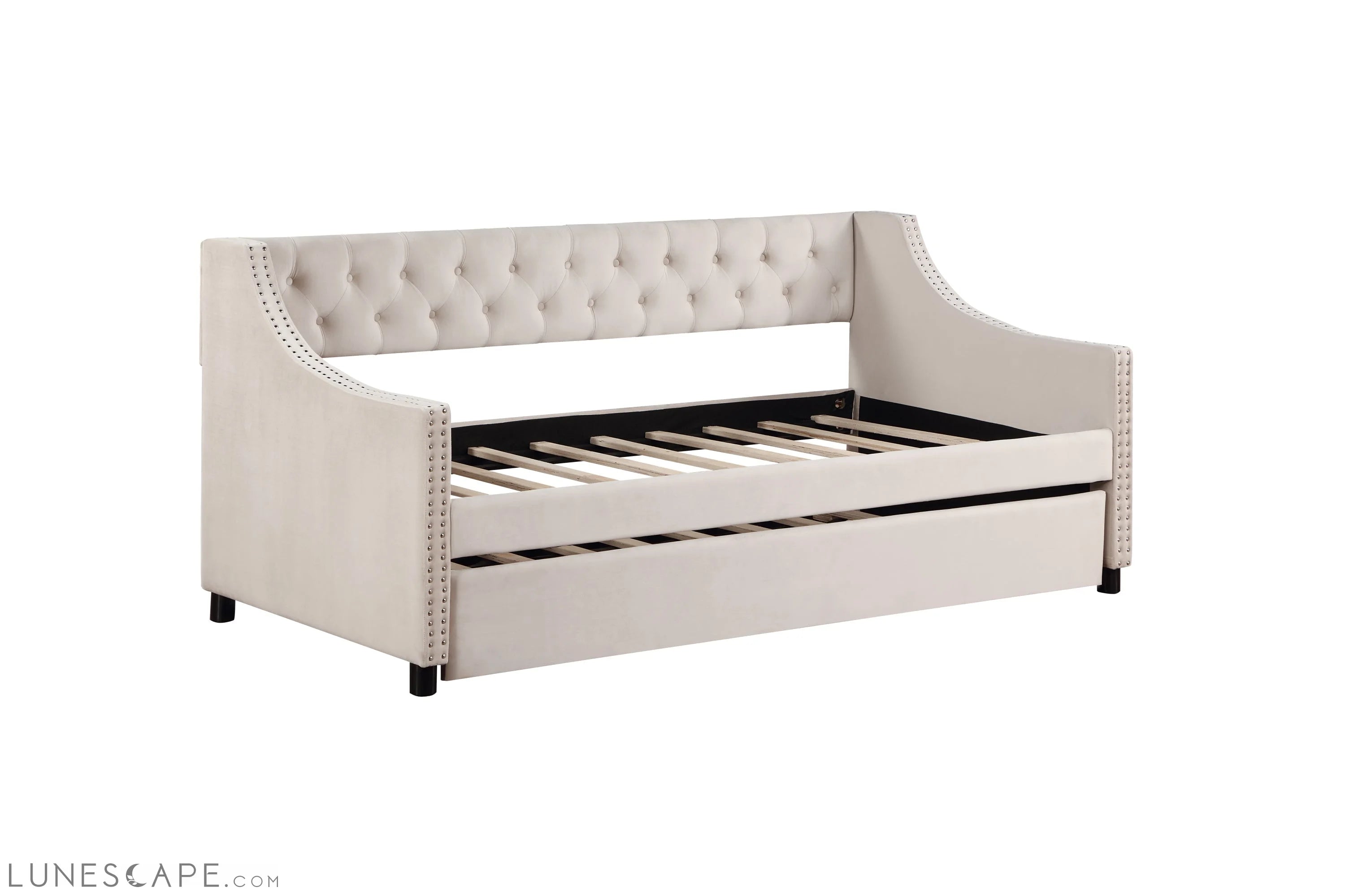 Upholstered Daybed with Trundle, Twin Size Frame, Beige Velvet LUNESCAPE