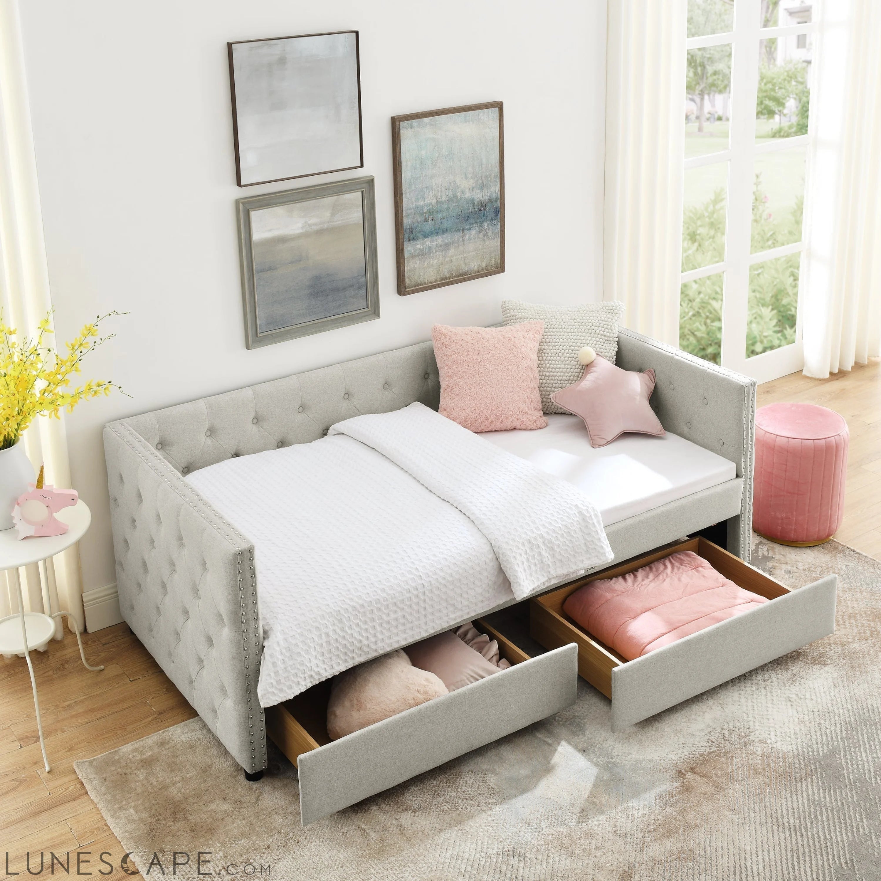 Upholstered Twin Size Daybed with Two Drawers, with Button and Copper LUNESCAPE