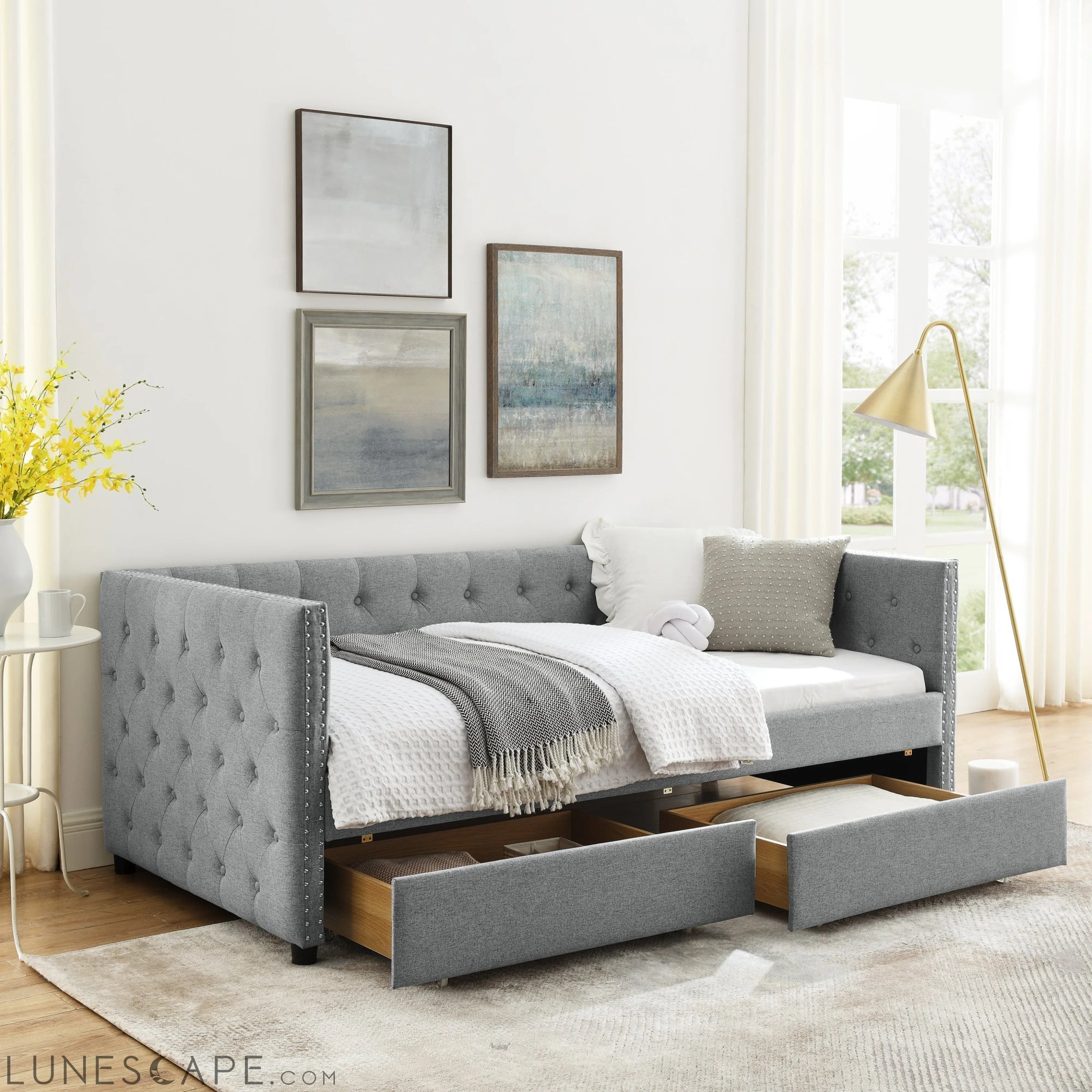 Upholstered Twin Size Daybed with Two Drawers, with Button and Copper LUNESCAPE