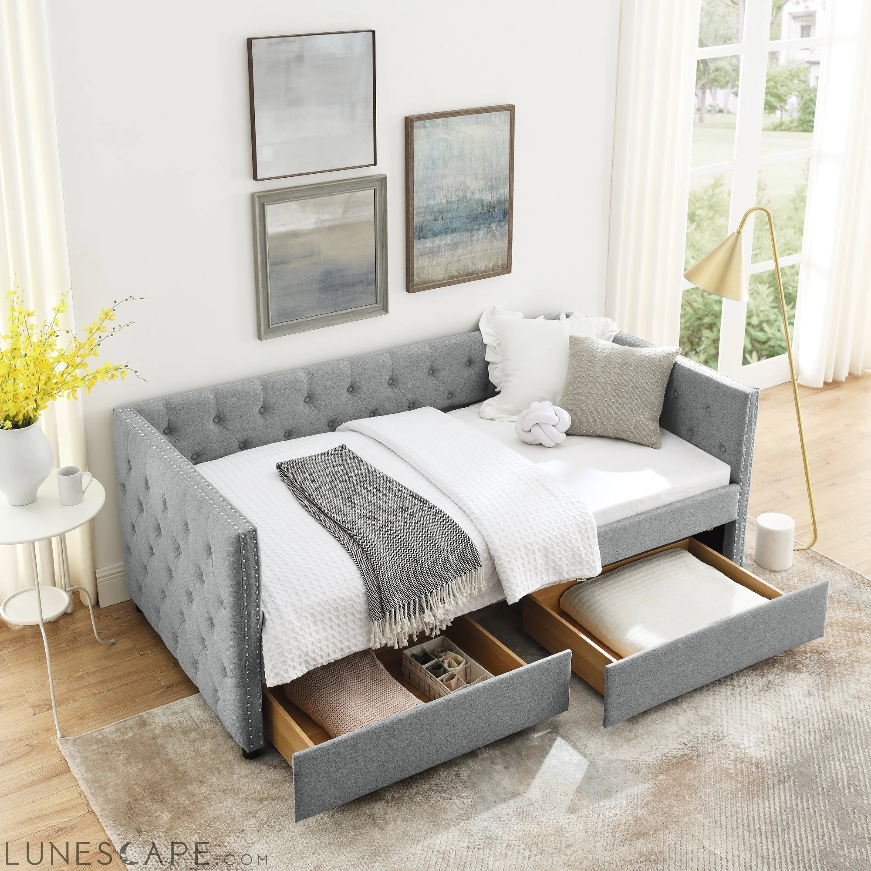 Upholstered Twin Size Daybed with Two Drawers, with Button and Copper LUNESCAPE