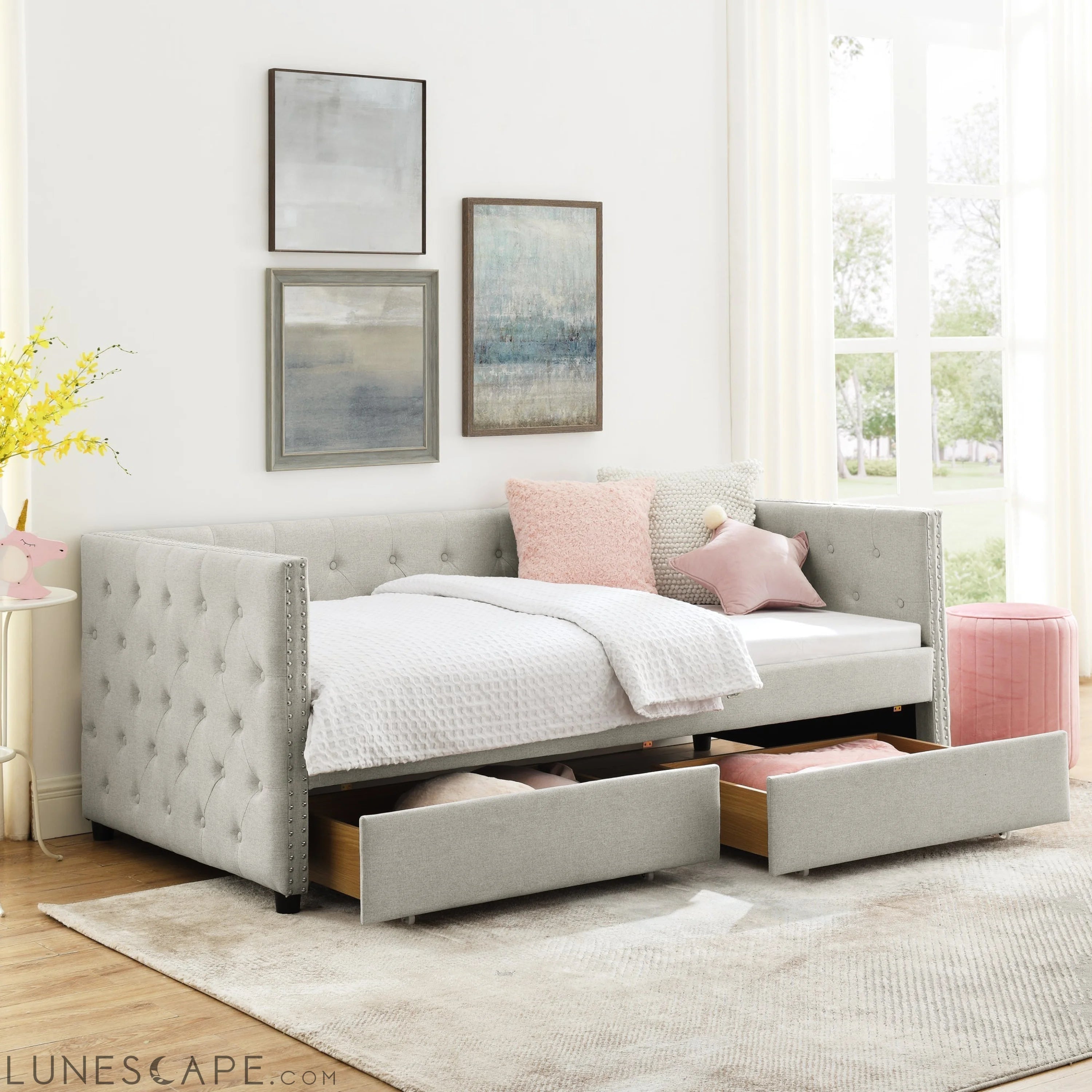 Upholstered Twin Size Daybed with Two Drawers, with Button and Copper LUNESCAPE