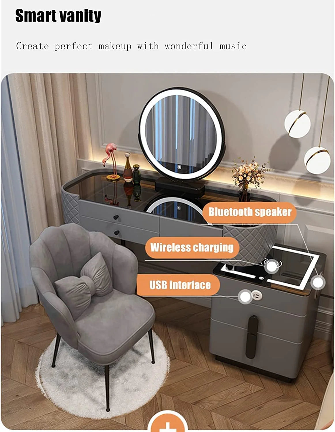 Vanity Desk with Wireless Charging Station and Speaker LUNESCAPE