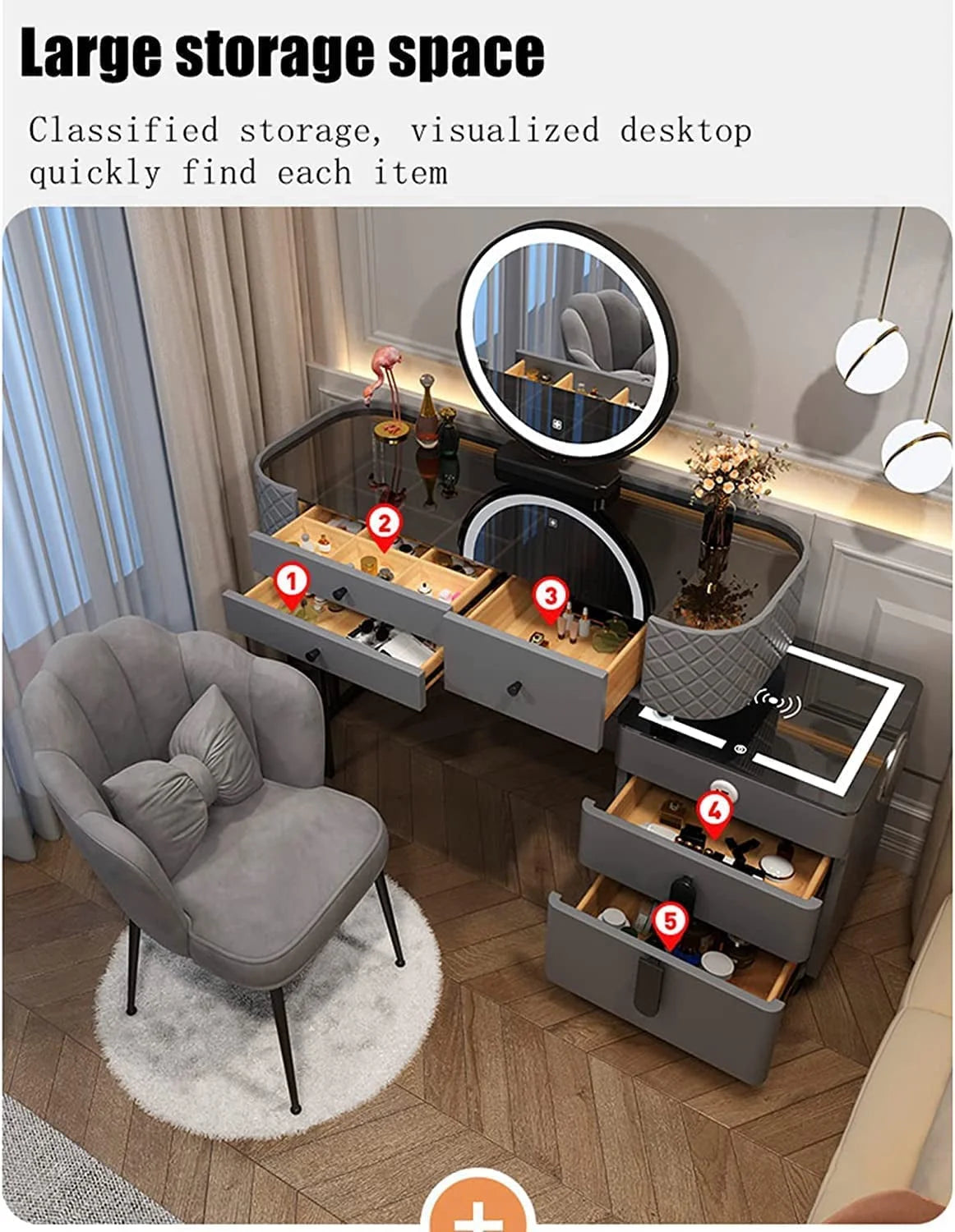 Vanity Desk with Wireless Charging Station and Speaker LUNESCAPE