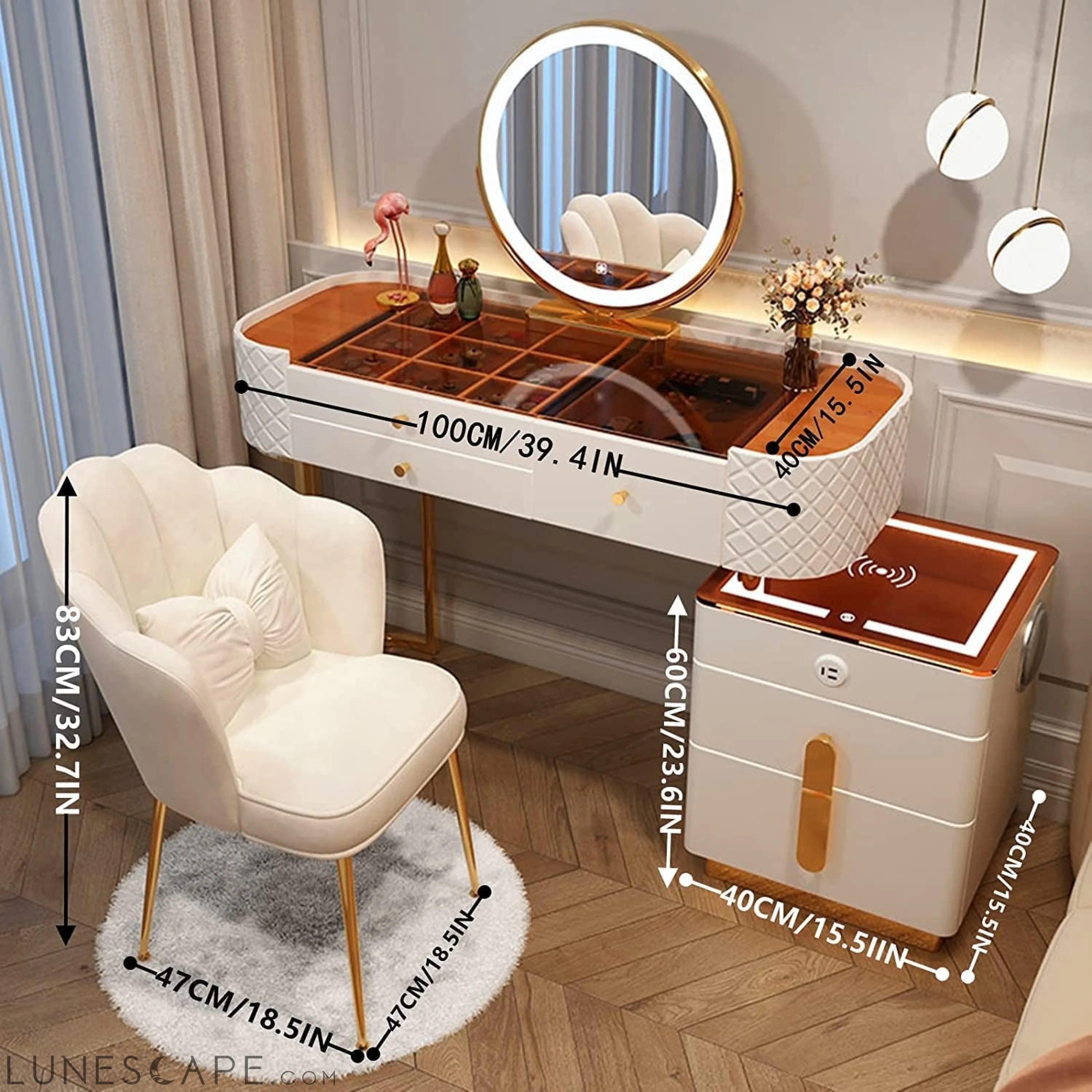 Vanity Desk with Wireless Charging Station and Speaker LUNESCAPE