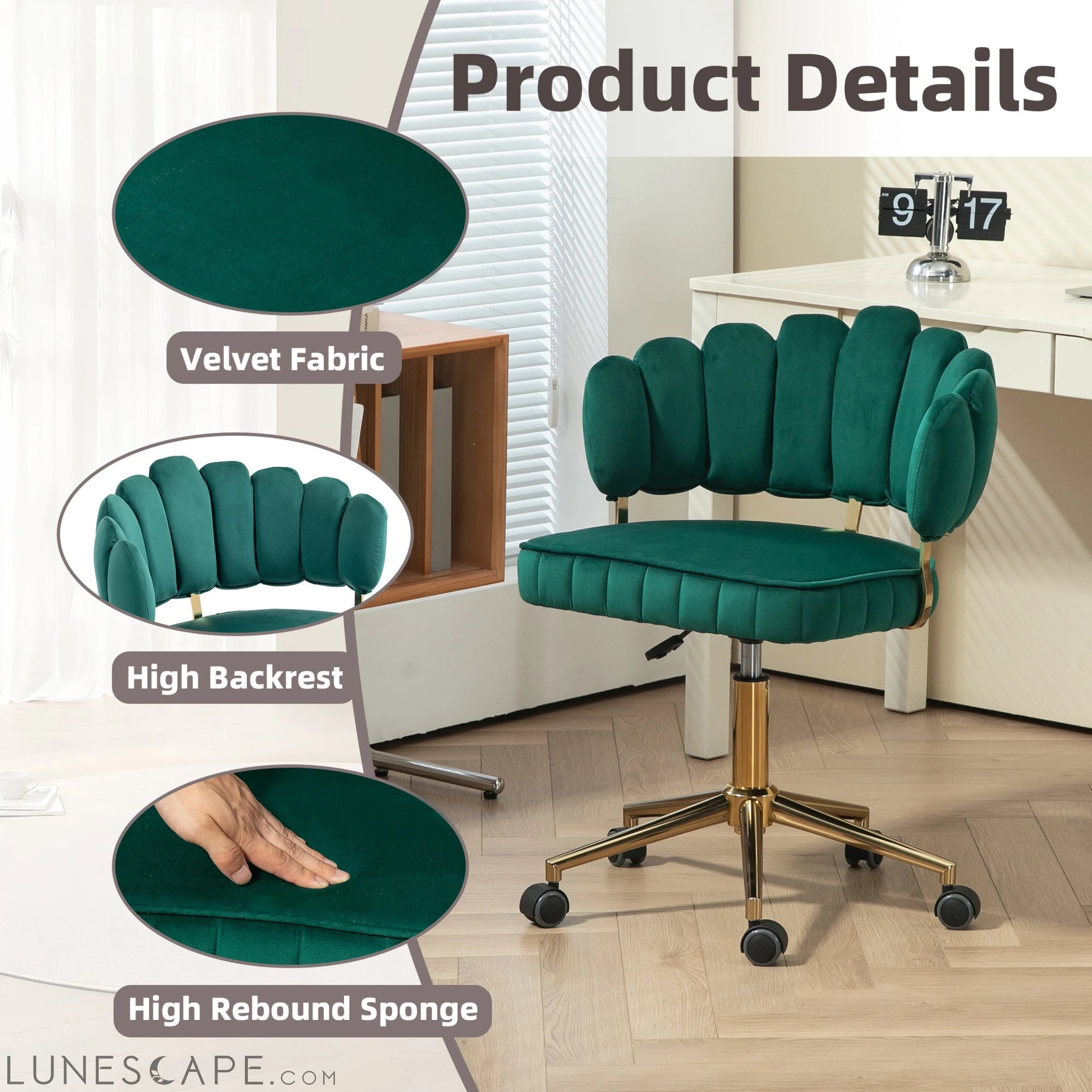 Velvet Home Office Desk Chair, Modern Cute Computer Chair, Wheels LUNESCAPE