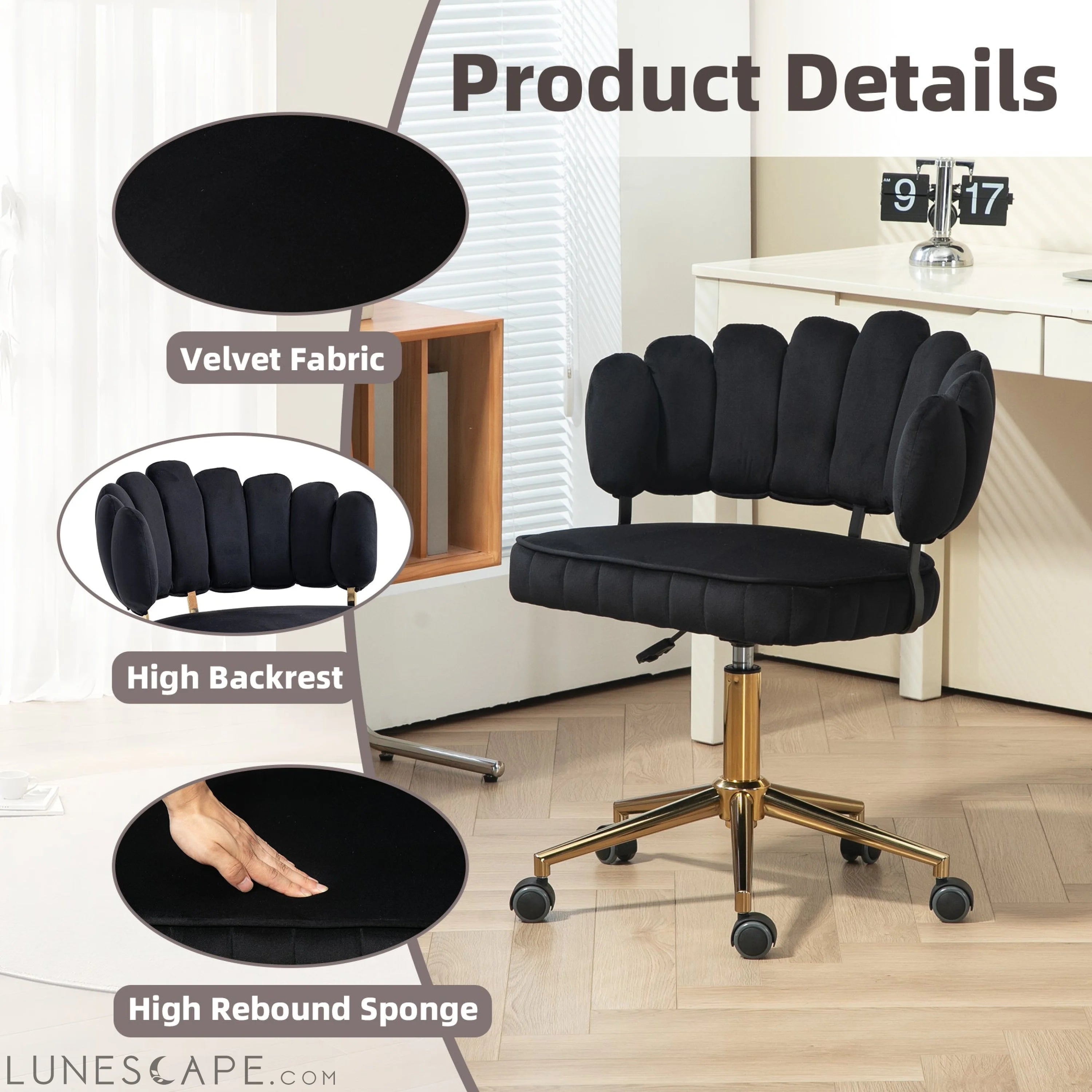 Velvet Home Office Desk Chair, Modern Cute Computer Chair, Wheels LUNESCAPE