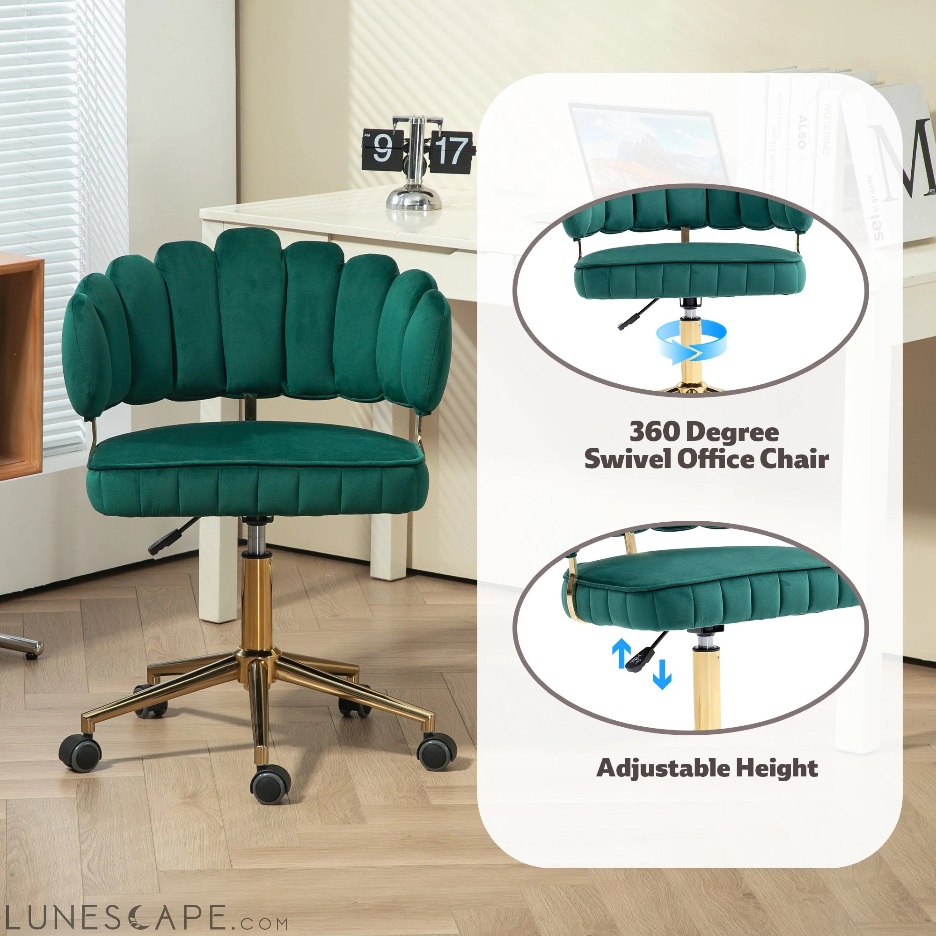 Velvet Home Office Desk Chair, Modern Cute Computer Chair, Wheels LUNESCAPE