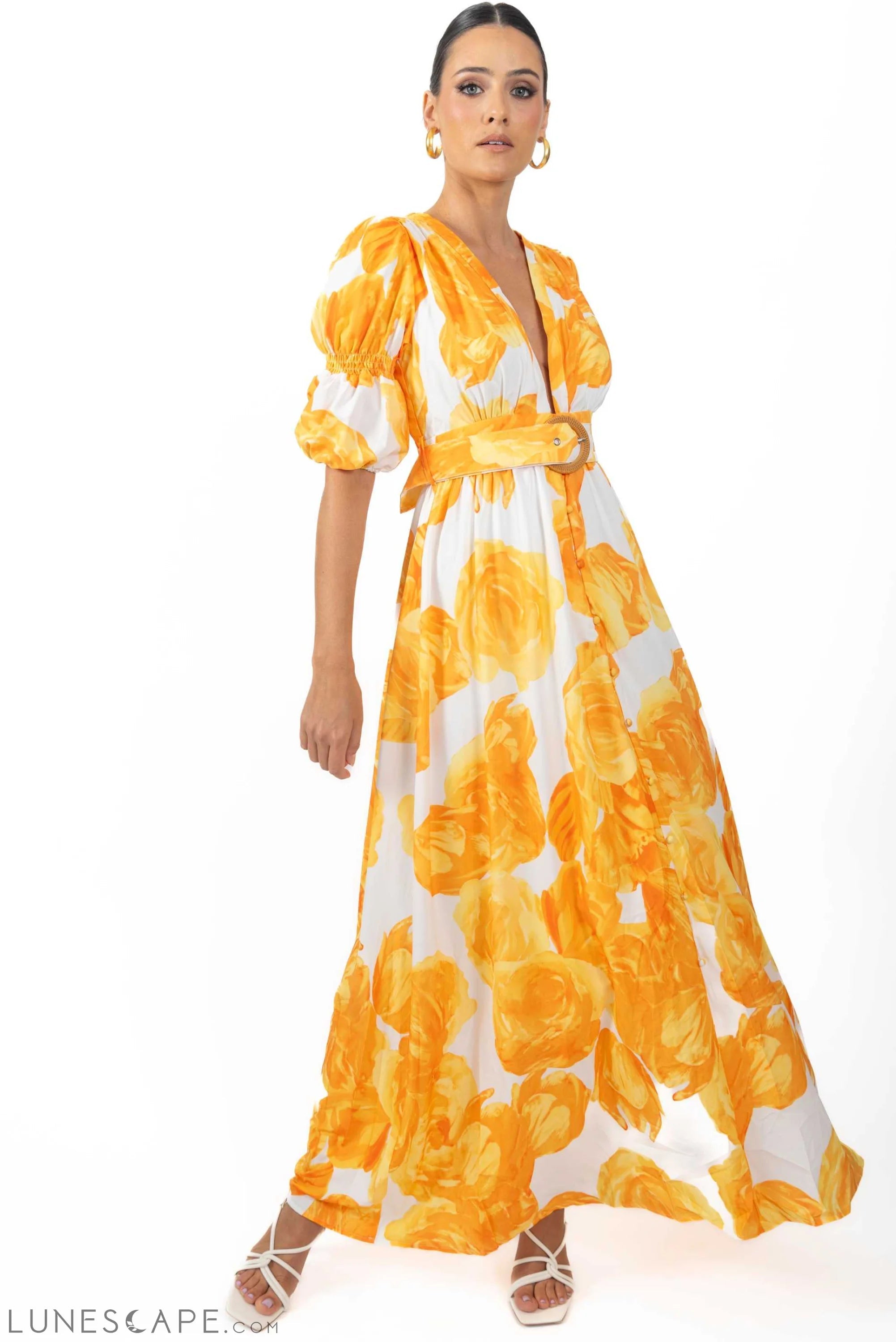 Verona Maxi Women's Floral Belted Dress Yellow LUNESCAPE