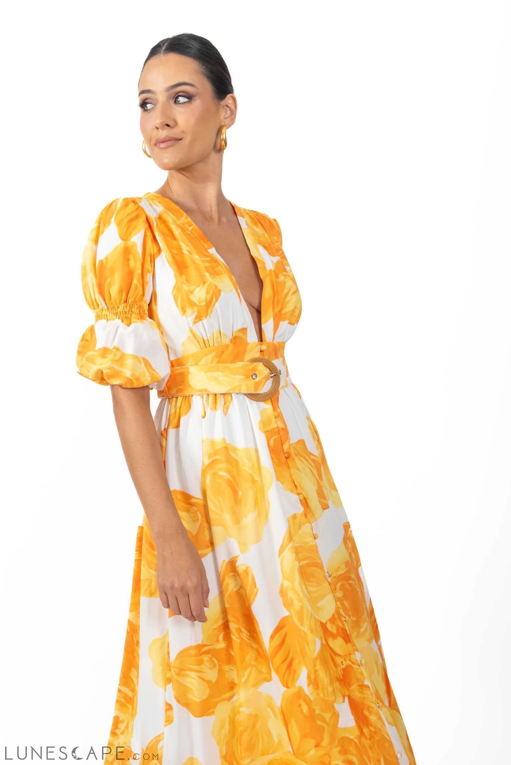 Verona Maxi Women's Floral Belted Dress Yellow LUNESCAPE