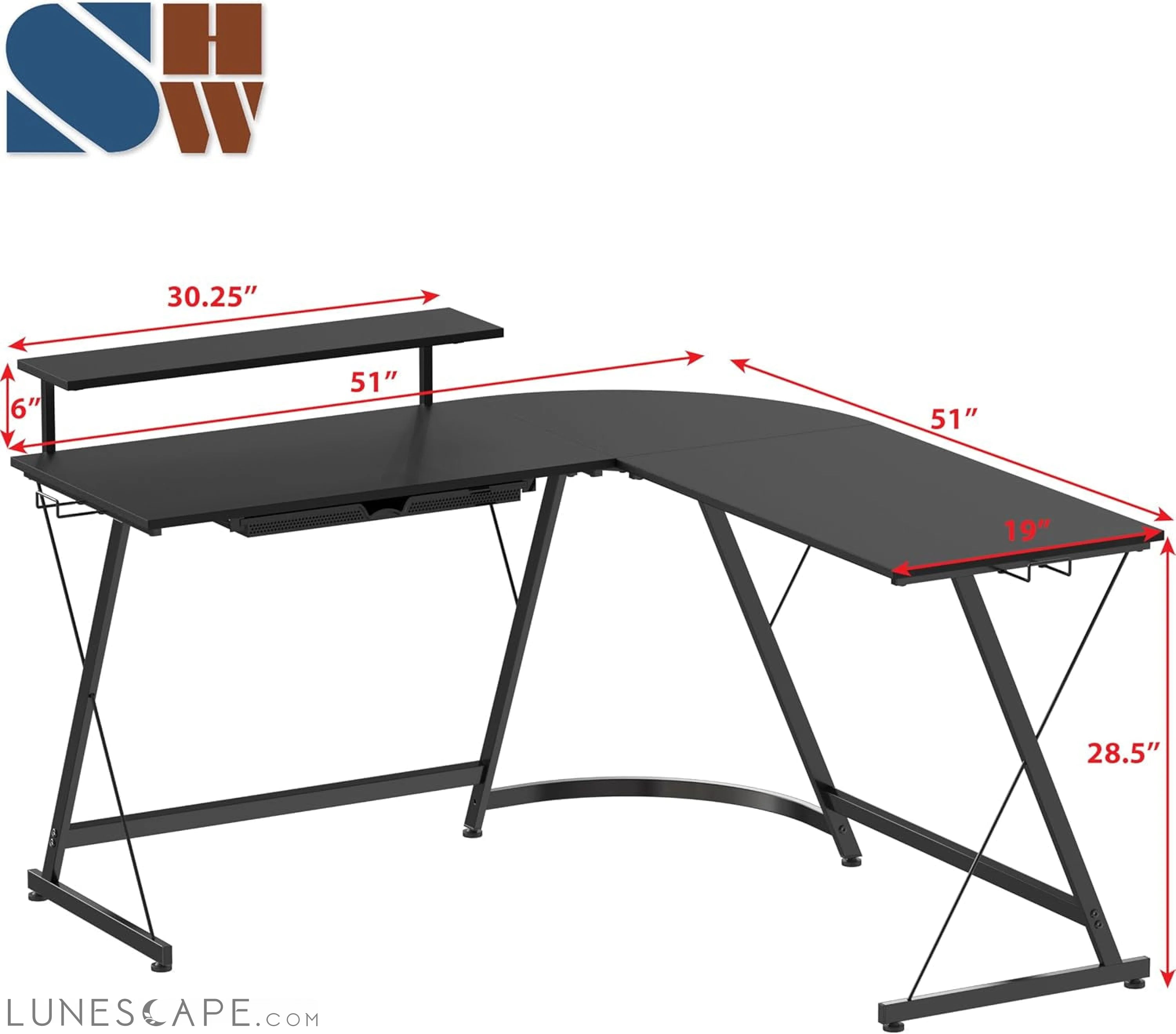 Vista L-Shape Desk with Monitor Stand, Black LUNESCAPE