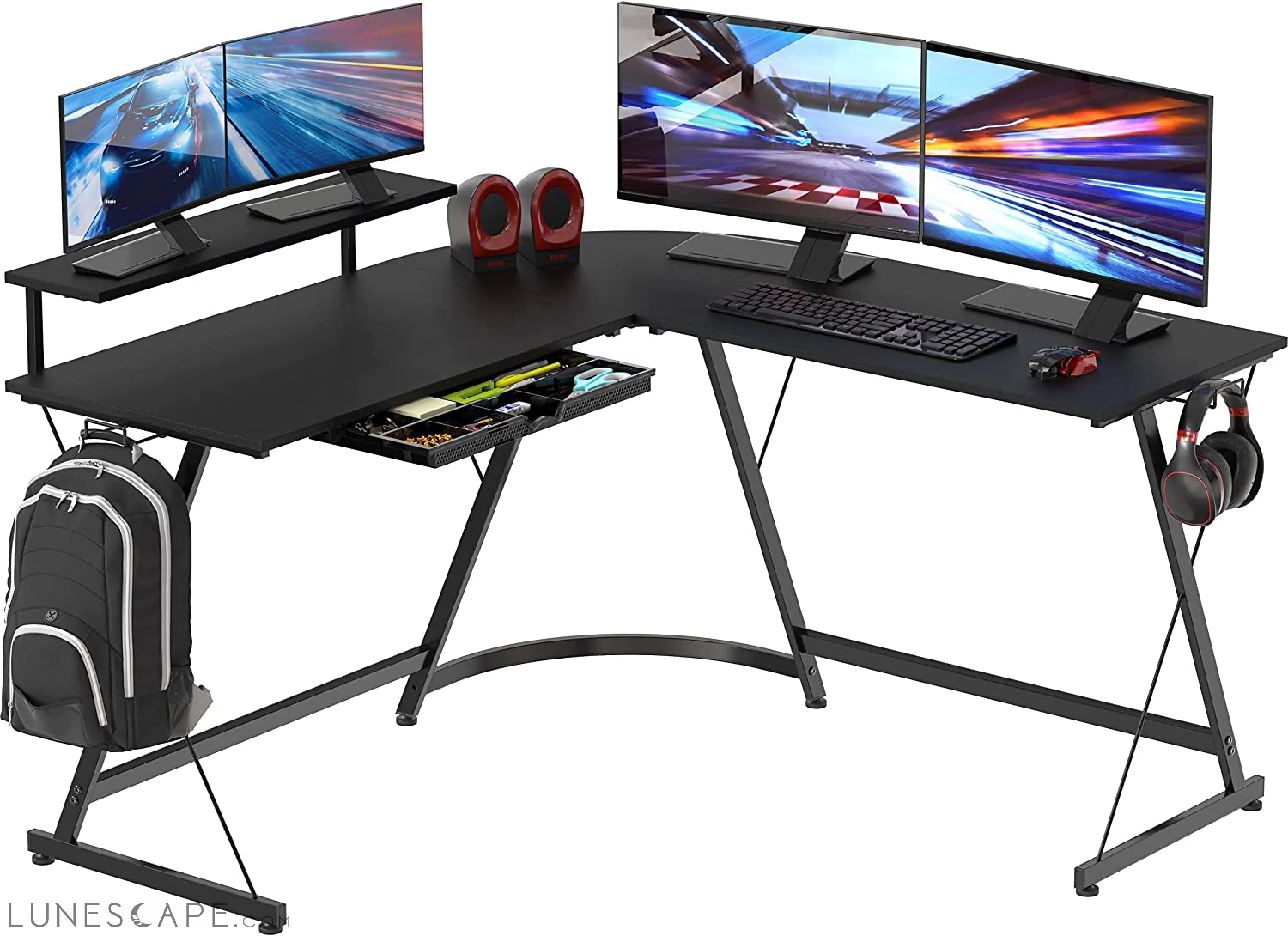 Vista L-Shape Desk with Monitor Stand, Black LUNESCAPE