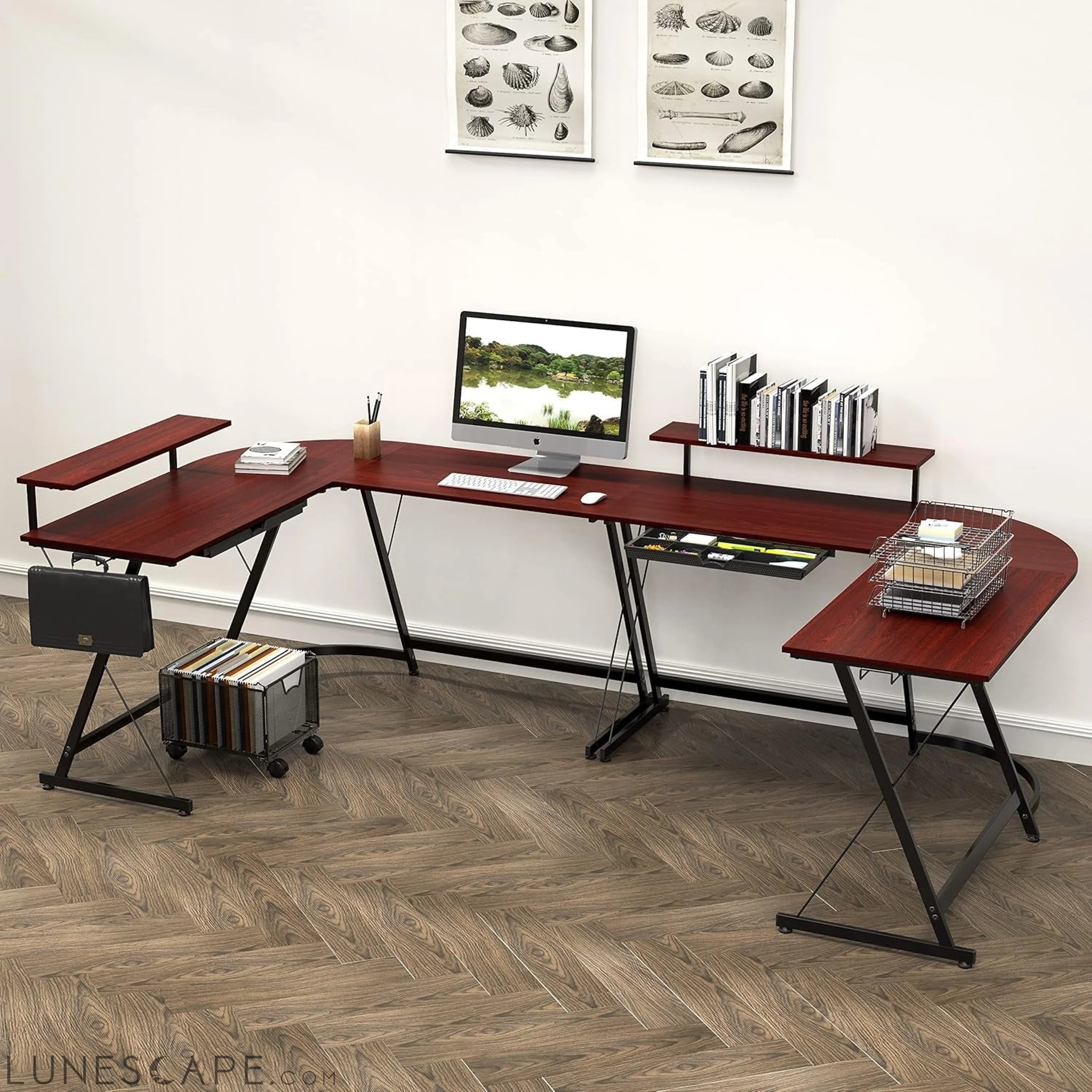 Vista L-Shape Desk with Monitor Stand, Cherry LUNESCAPE