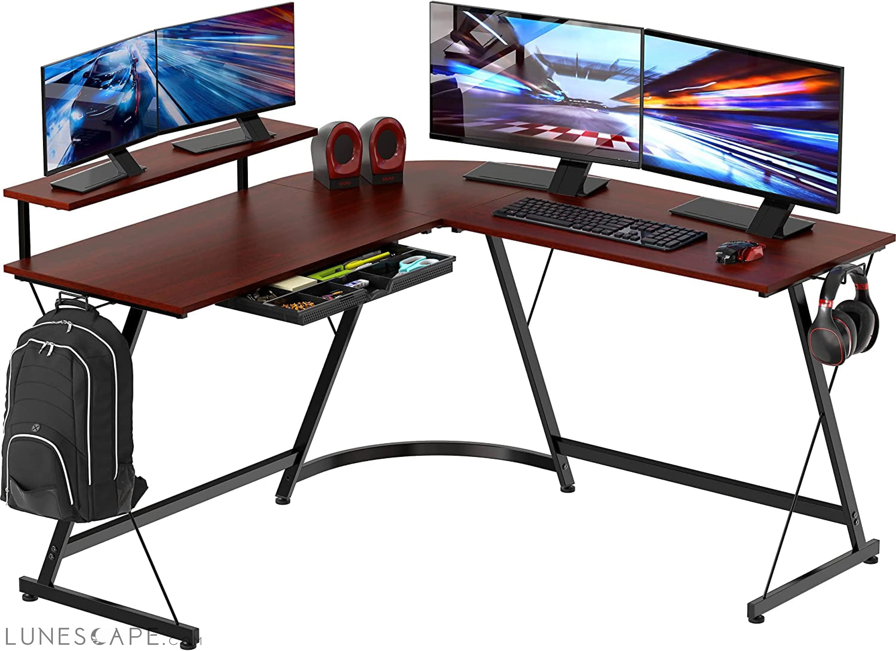 Vista L-Shape Desk with Monitor Stand, Cherry LUNESCAPE