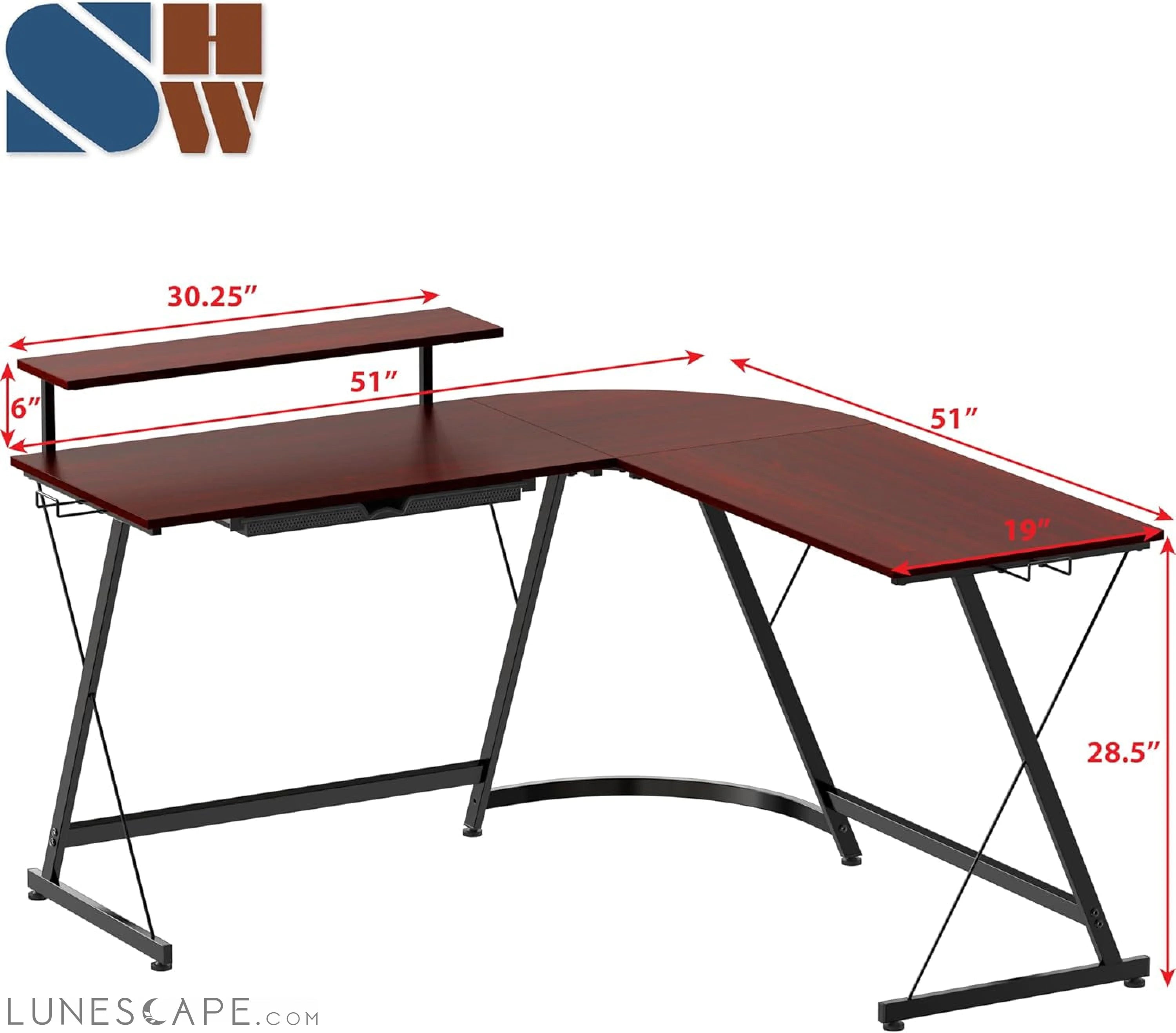 Vista L-Shape Desk with Monitor Stand, Cherry LUNESCAPE