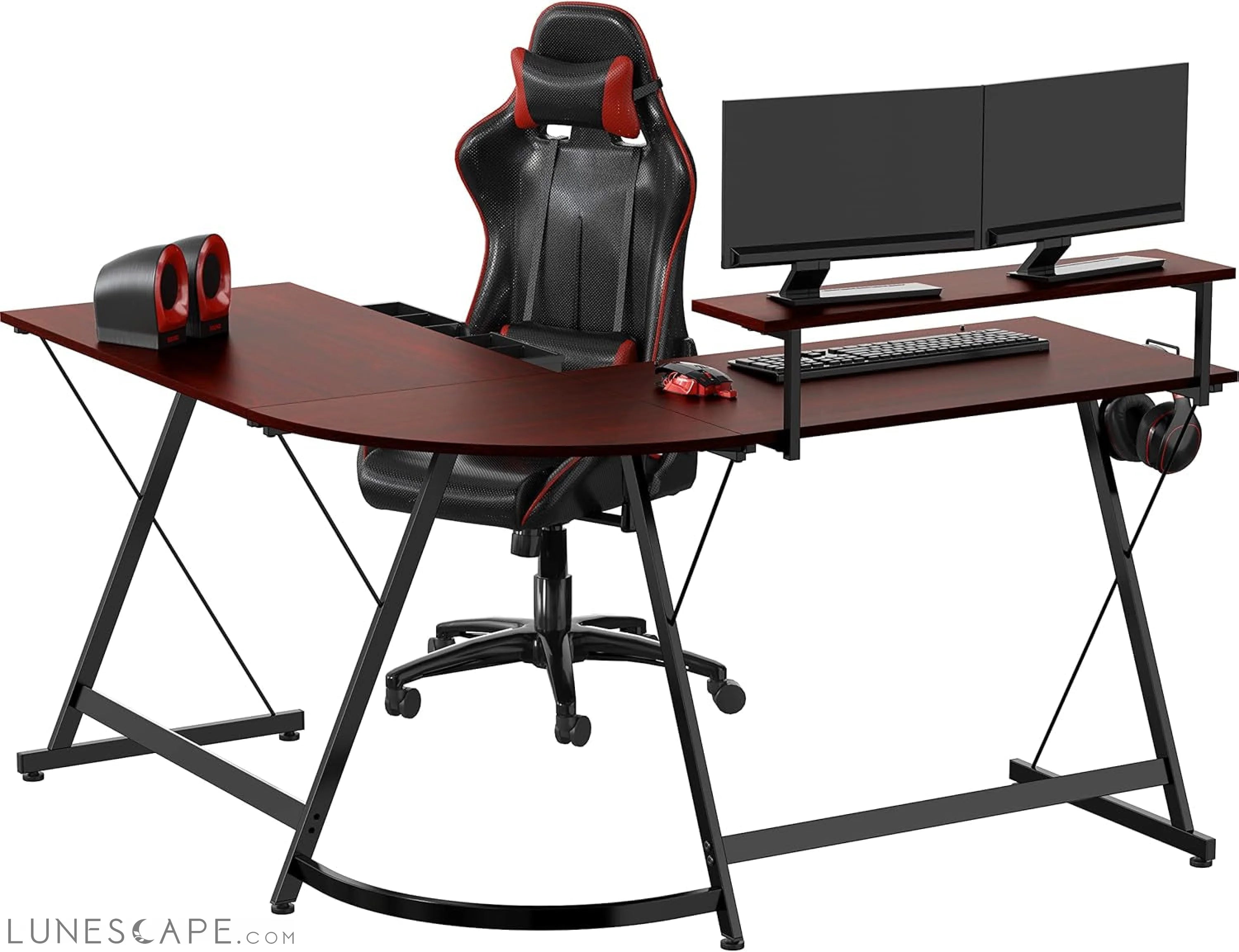 Vista L-Shape Desk with Monitor Stand, Cherry LUNESCAPE
