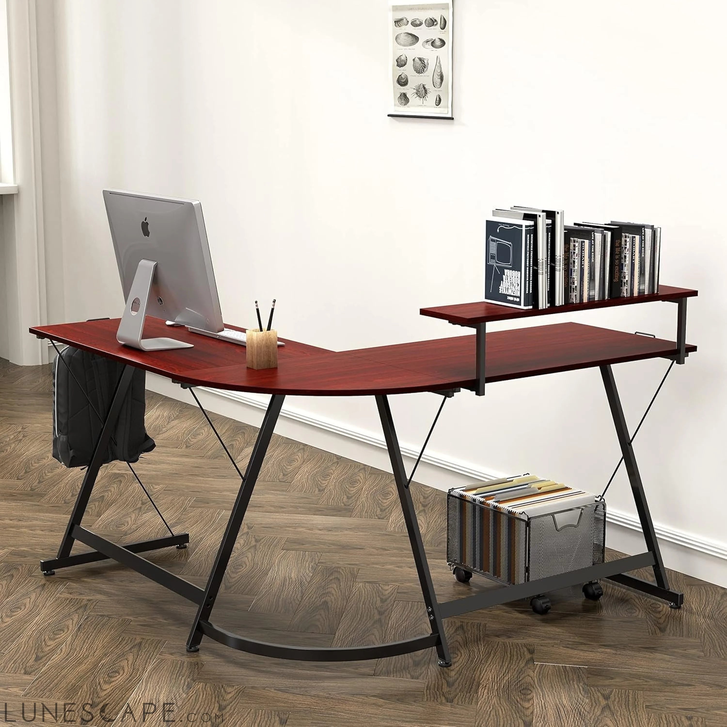 Vista L-Shape Desk with Monitor Stand, Cherry LUNESCAPE