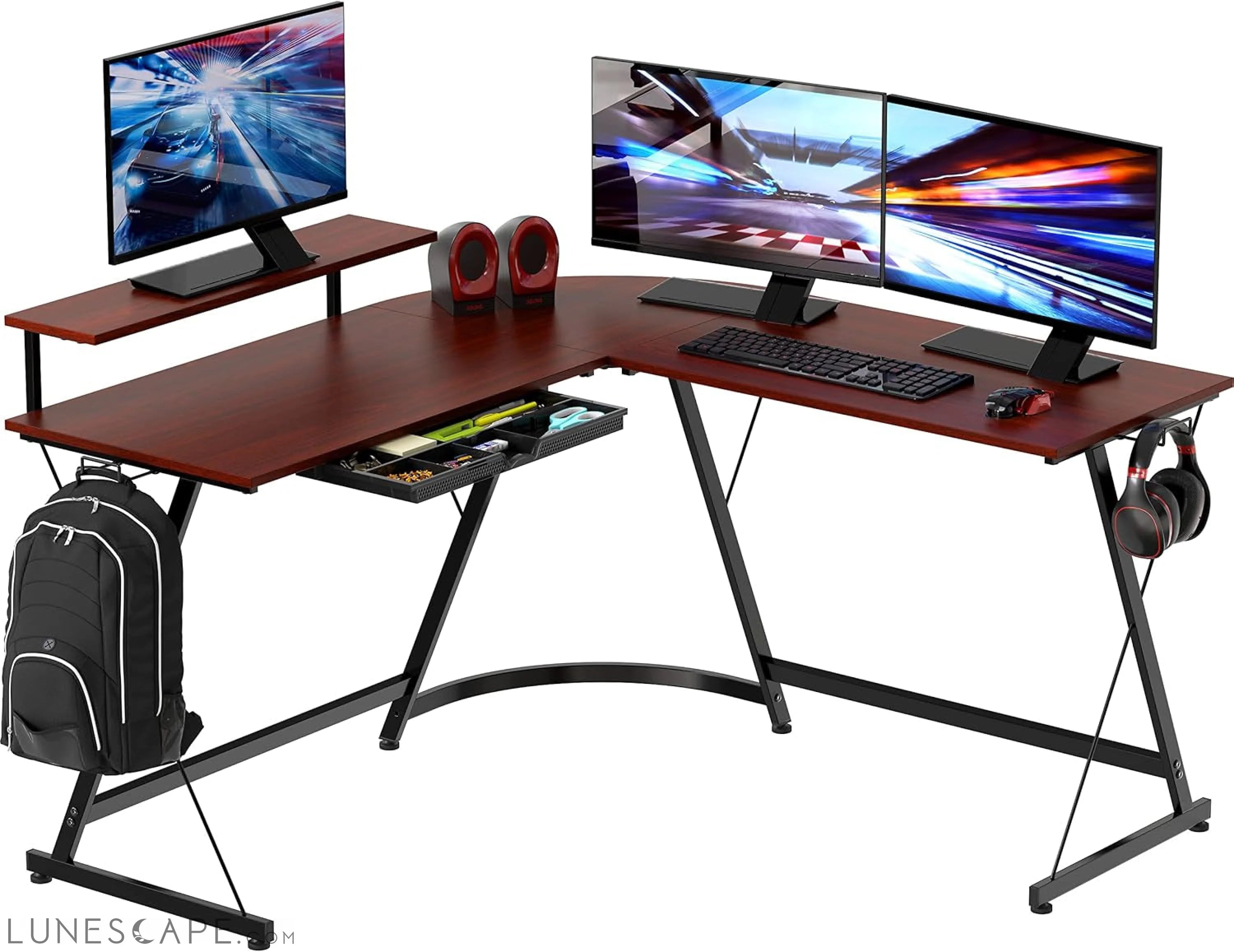 Vista L-Shape Desk with Monitor Stand, Cherry LUNESCAPE