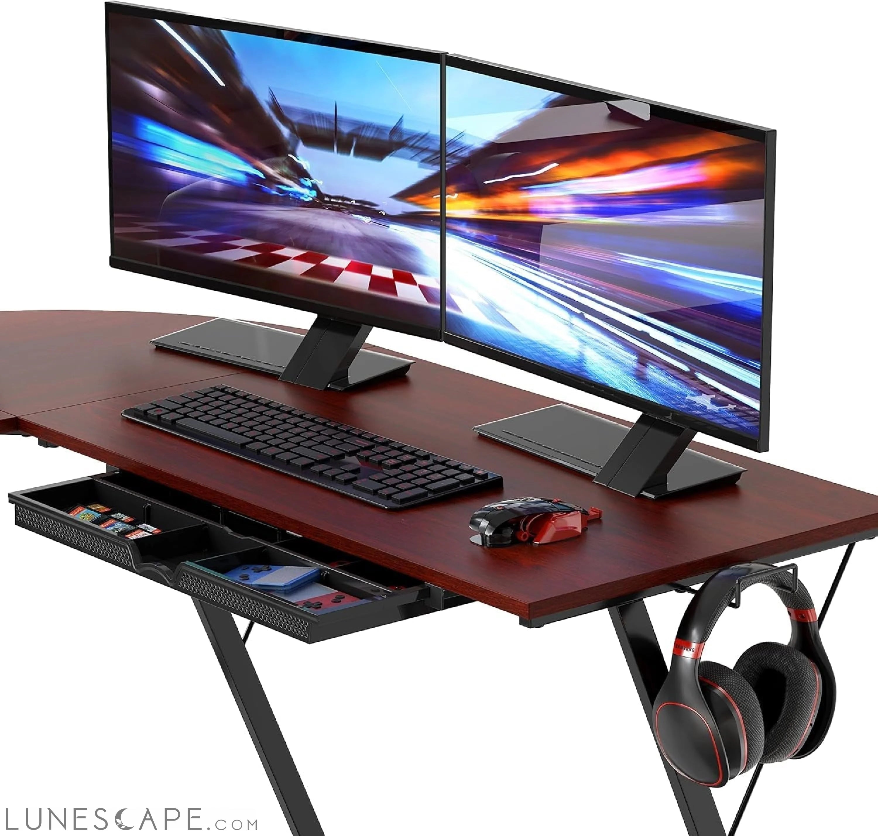 Vista L-Shape Desk with Monitor Stand, Cherry LUNESCAPE
