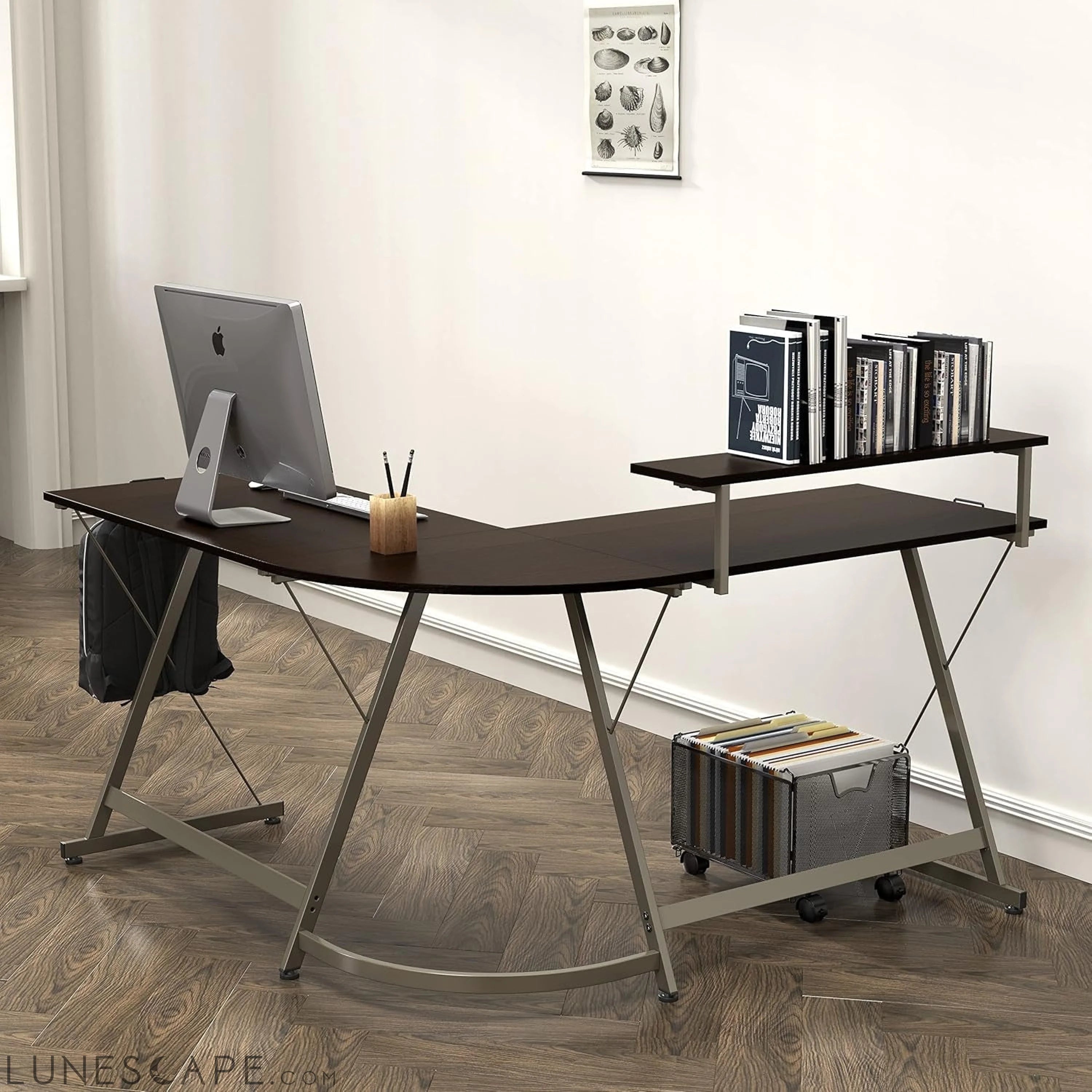Vista L-Shape Desk with Monitor Stand, Espresso LUNESCAPE