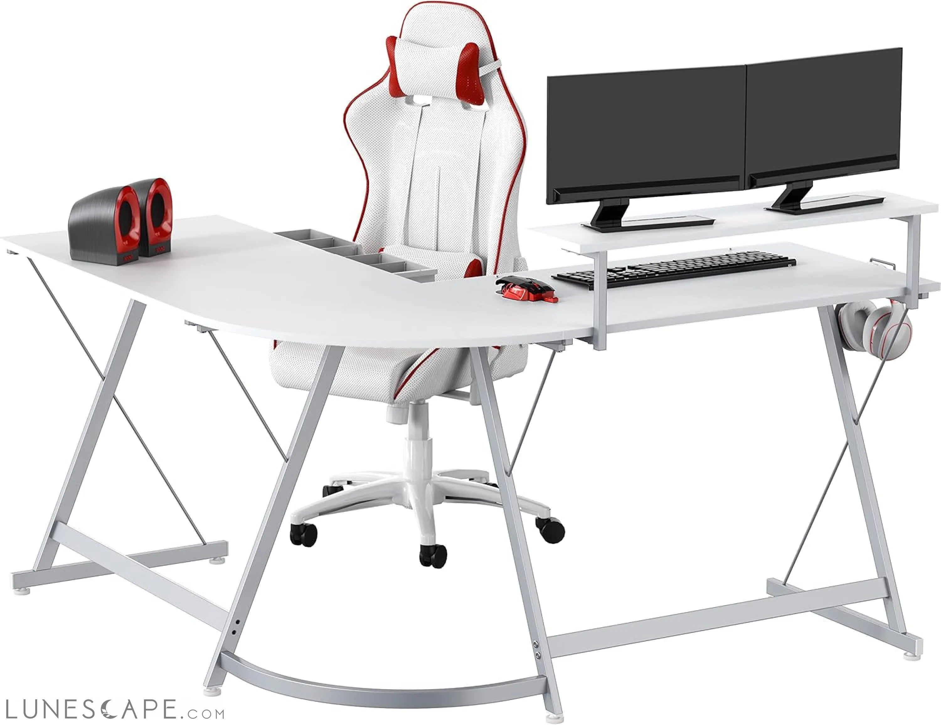 Vista L-Shape Desk with Monitor Stand, White LUNESCAPE
