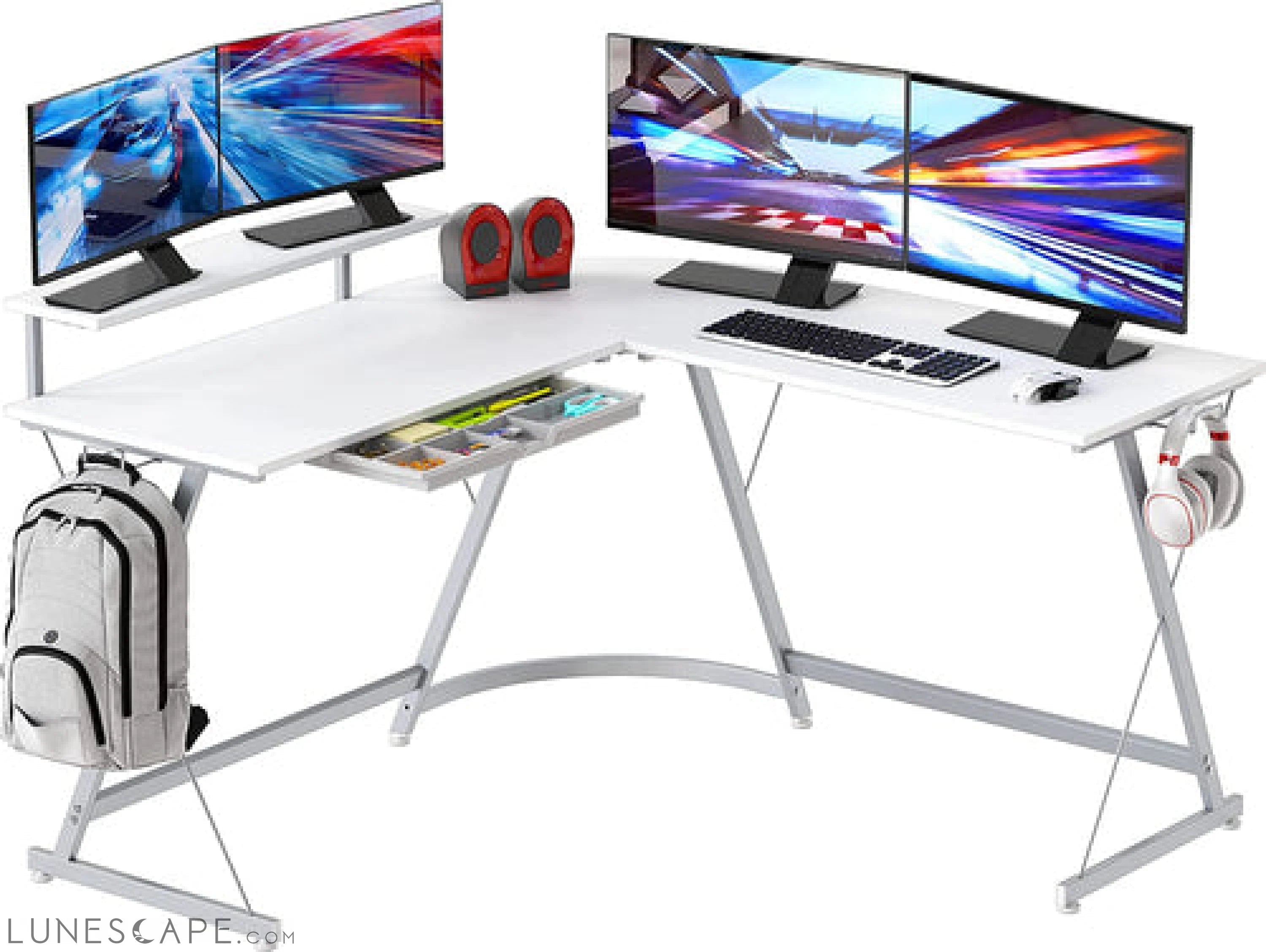 Vista L-Shape Desk with Monitor Stand, White LUNESCAPE
