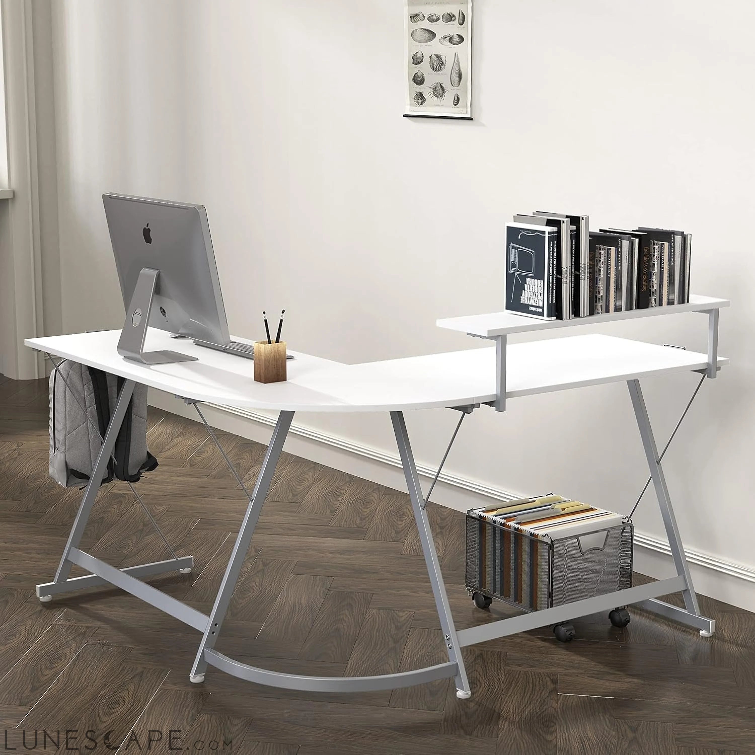 Vista L-Shape Desk with Monitor Stand, White LUNESCAPE