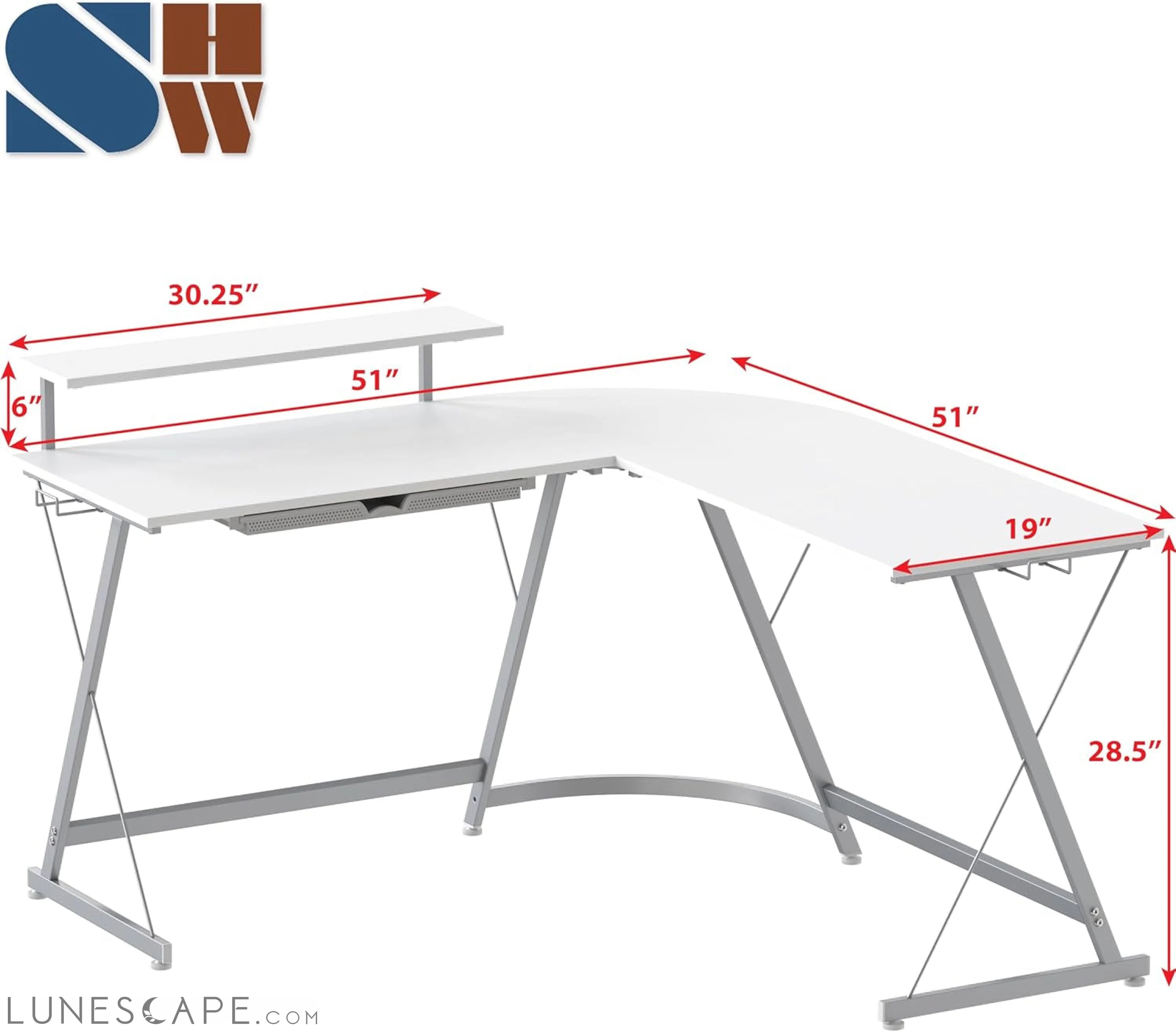 Vista L-Shape Desk with Monitor Stand, White LUNESCAPE