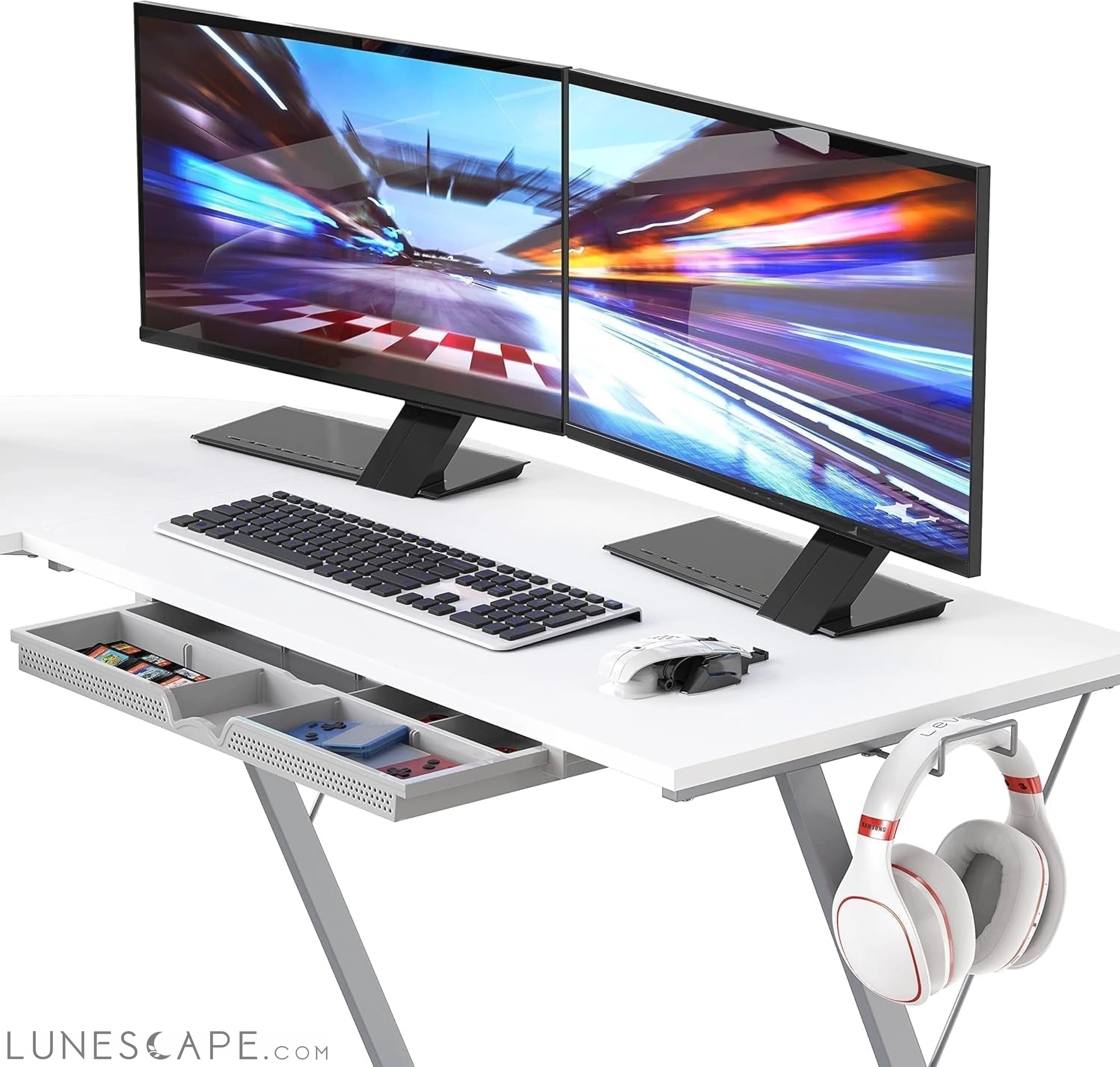 Vista L-Shape Desk with Monitor Stand, White LUNESCAPE