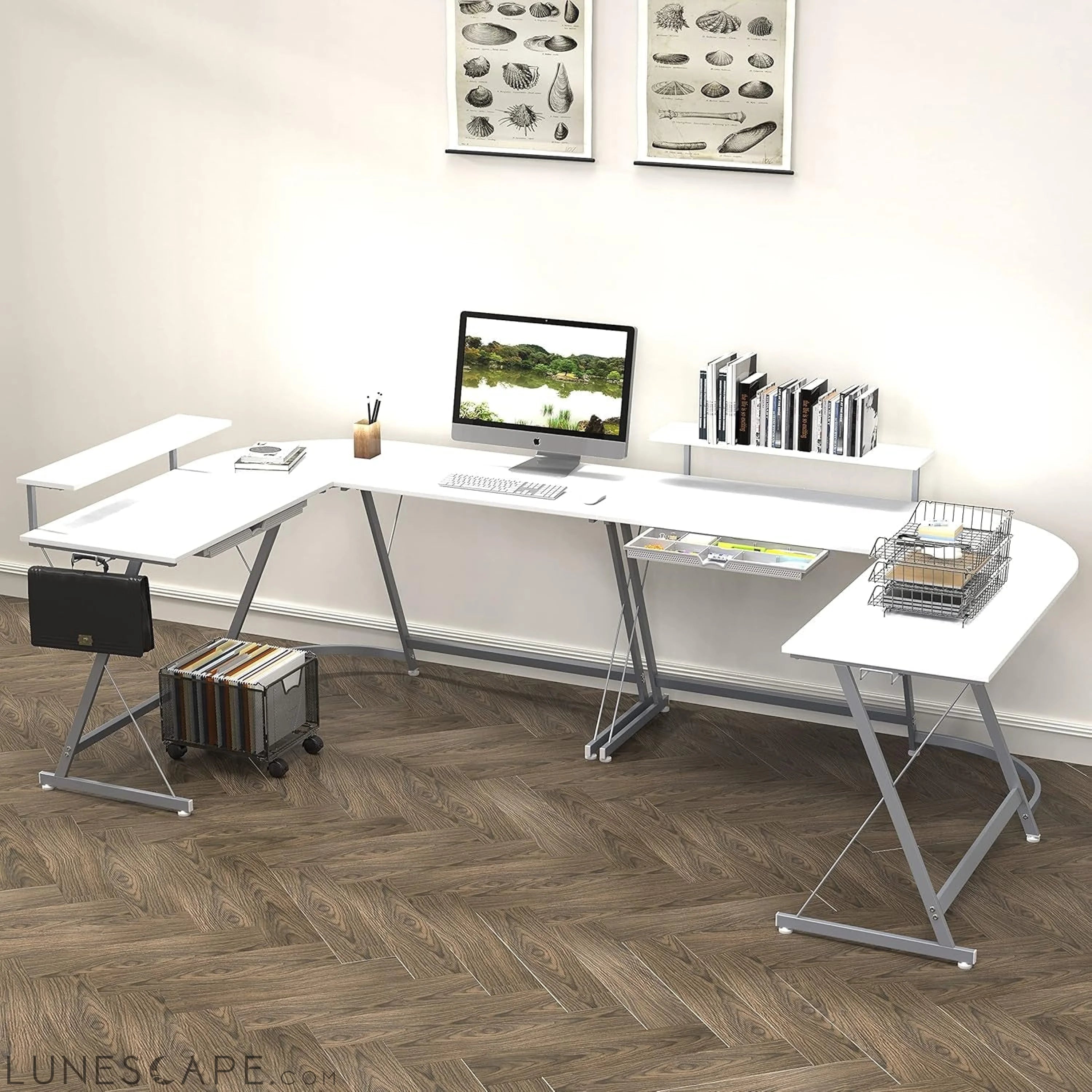Vista L-Shape Desk with Monitor Stand, White LUNESCAPE