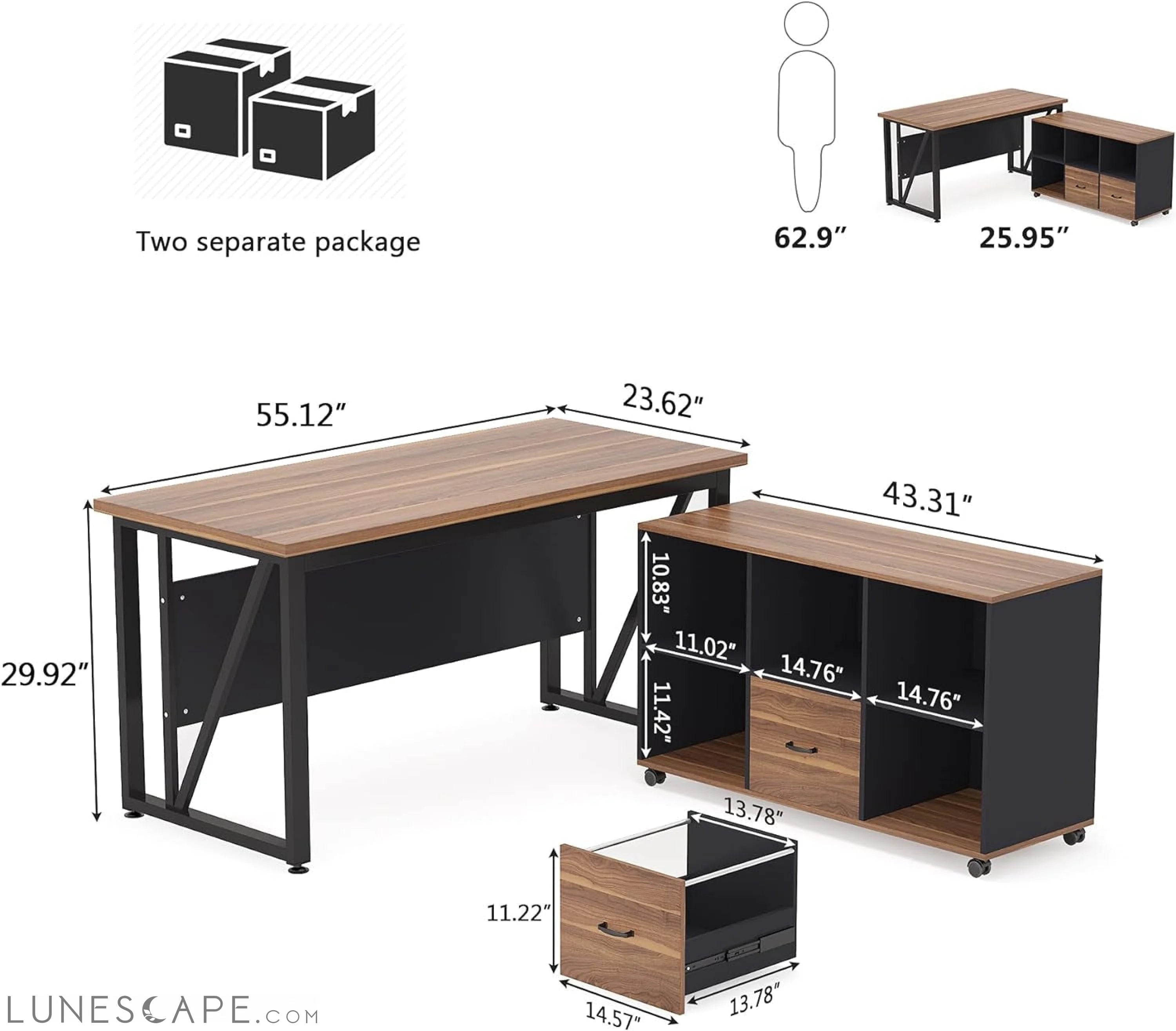 Walnut L-Shaped Desk, 55", Storage LUNESCAPE