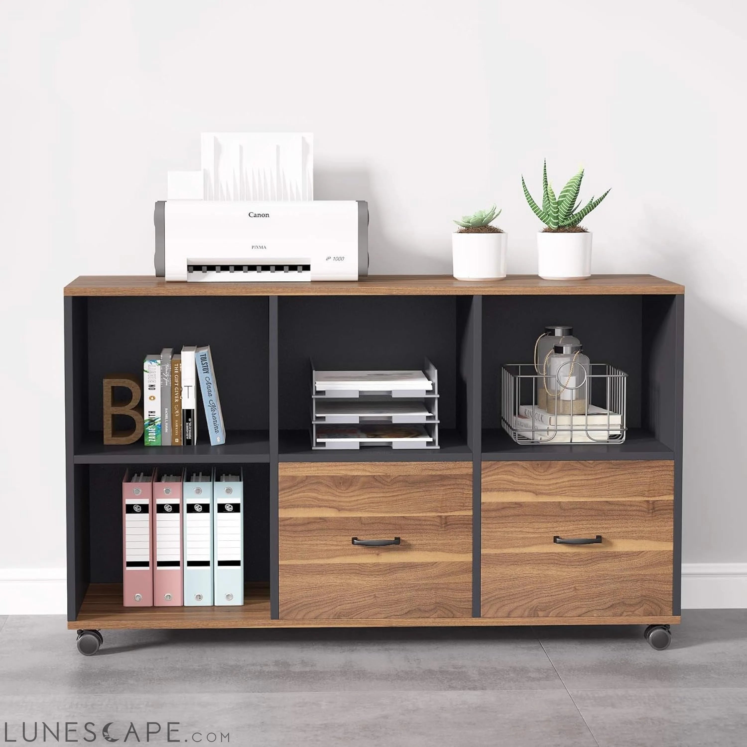 Walnut L-Shaped Desk, 55", Storage LUNESCAPE