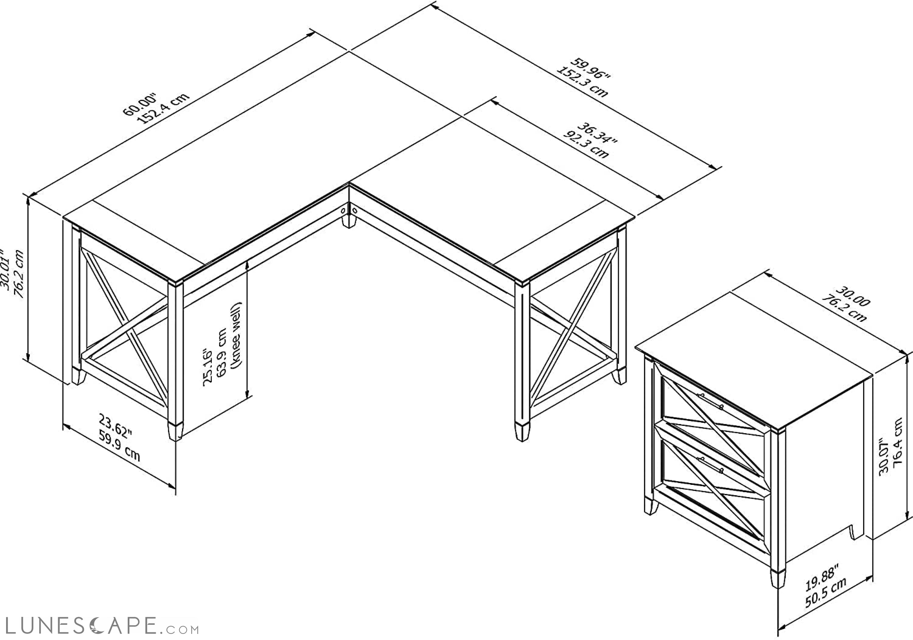 Washed Gray L-Shaped Desk W/ File Cabinet LUNESCAPE