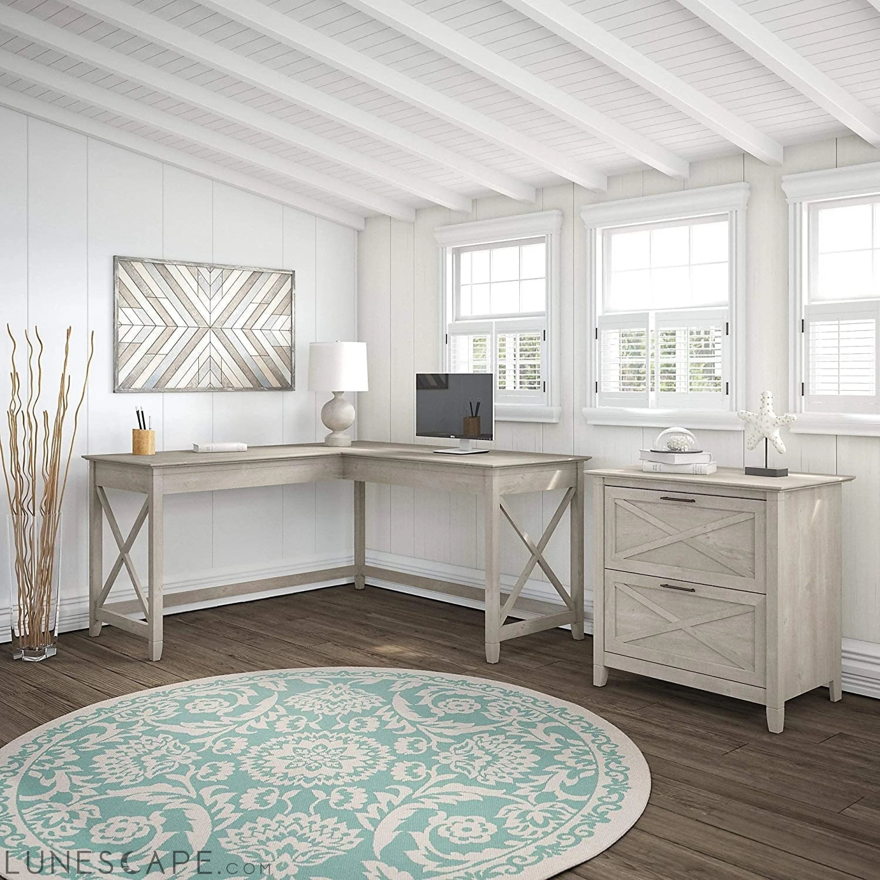 Washed Gray L-Shaped Desk W/ File Cabinet LUNESCAPE