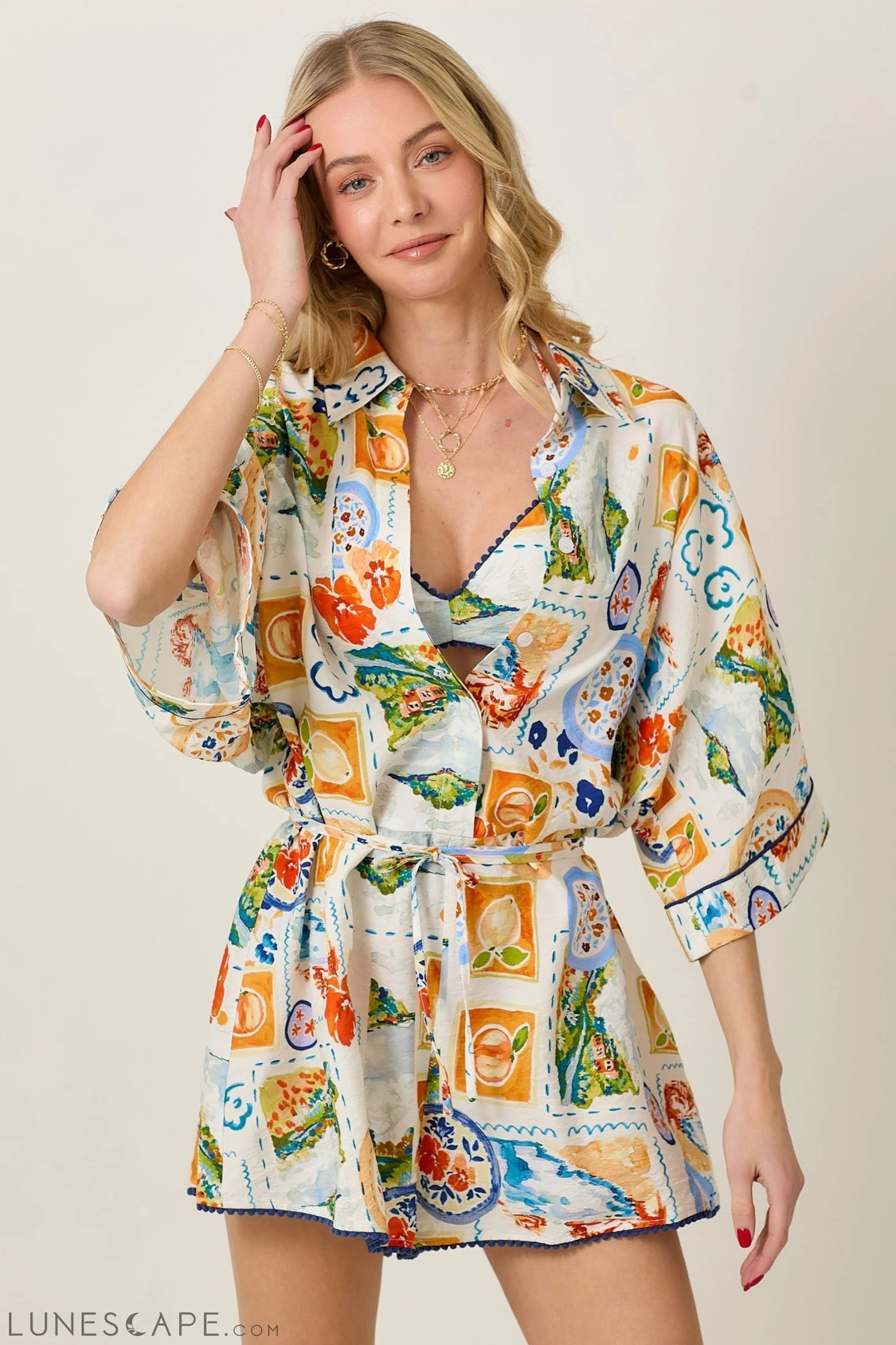 Watercolor Print Romper and Bra Top Set LUNESCAPE