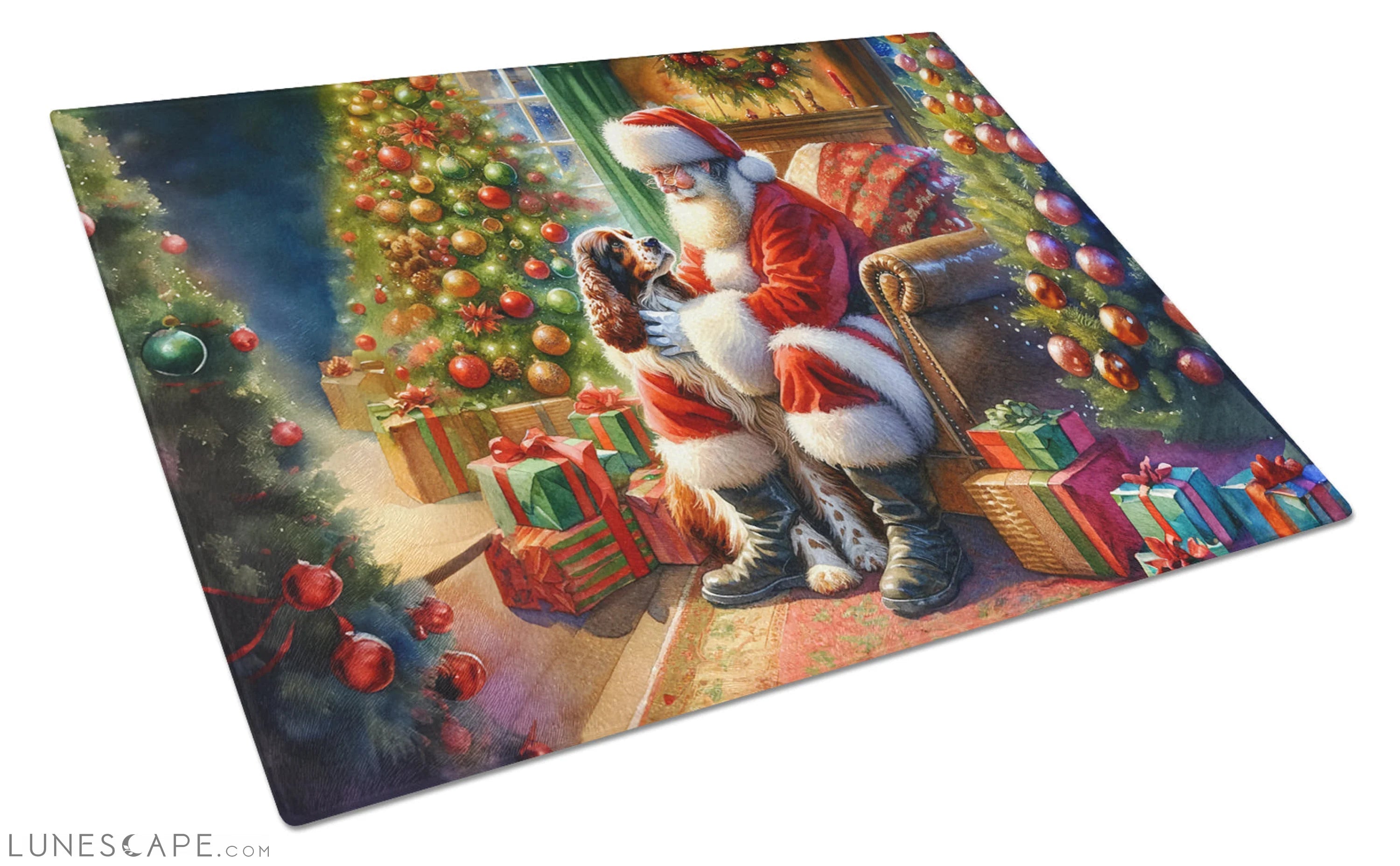 Welsh Springer Spaniel and Santa Claus Glass Cutting Board LUNESCAPE
