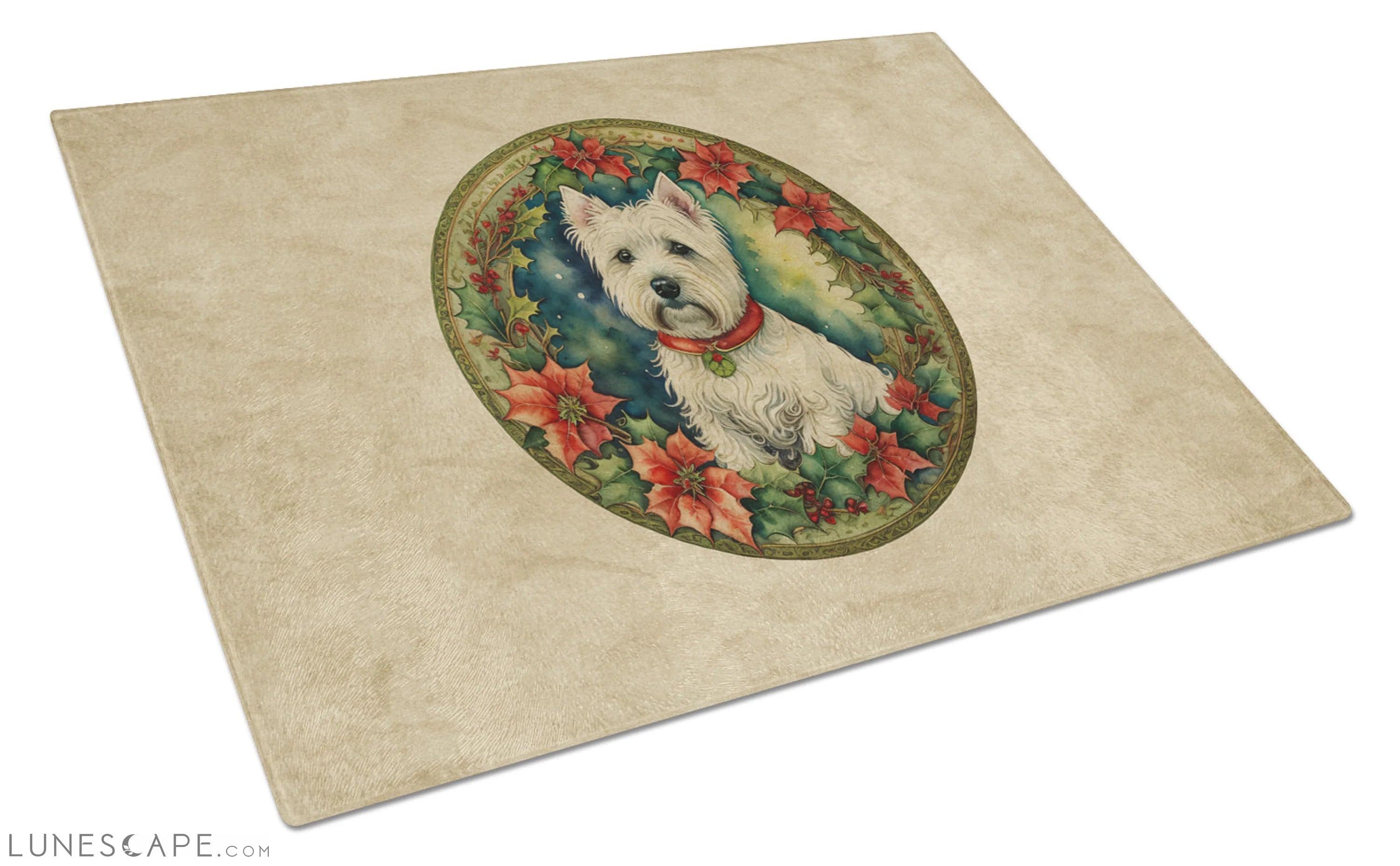 Westie Christmas Flowers Glass Cutting Board LUNESCAPE
