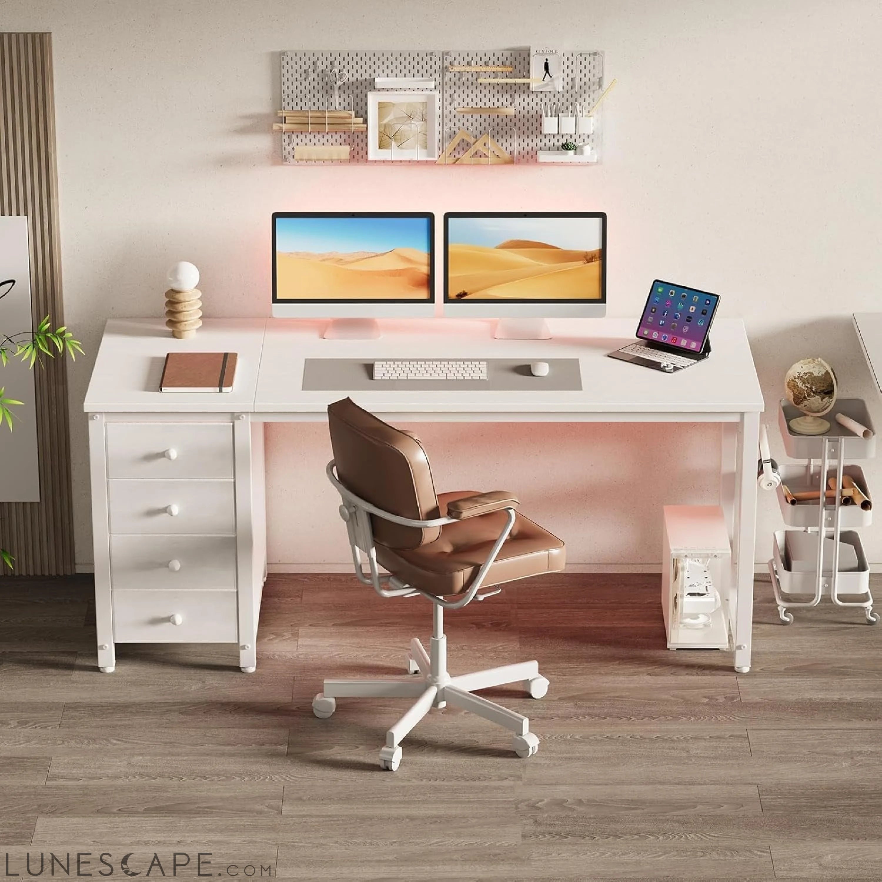 White Computer Desk with Drawers - 55 Inch Long Study Work Writing LUNESCAPE