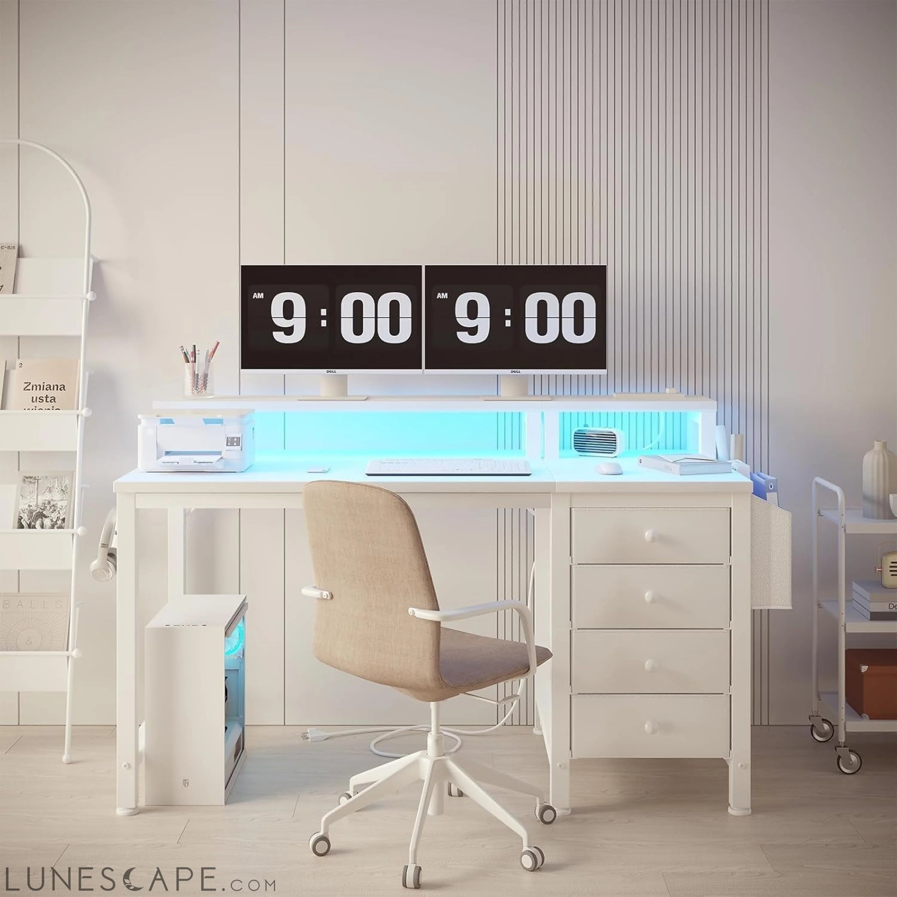 White Desk with 4 Drawers - 47 Inch Gaming Desk with Monitor Stand, LUNESCAPE