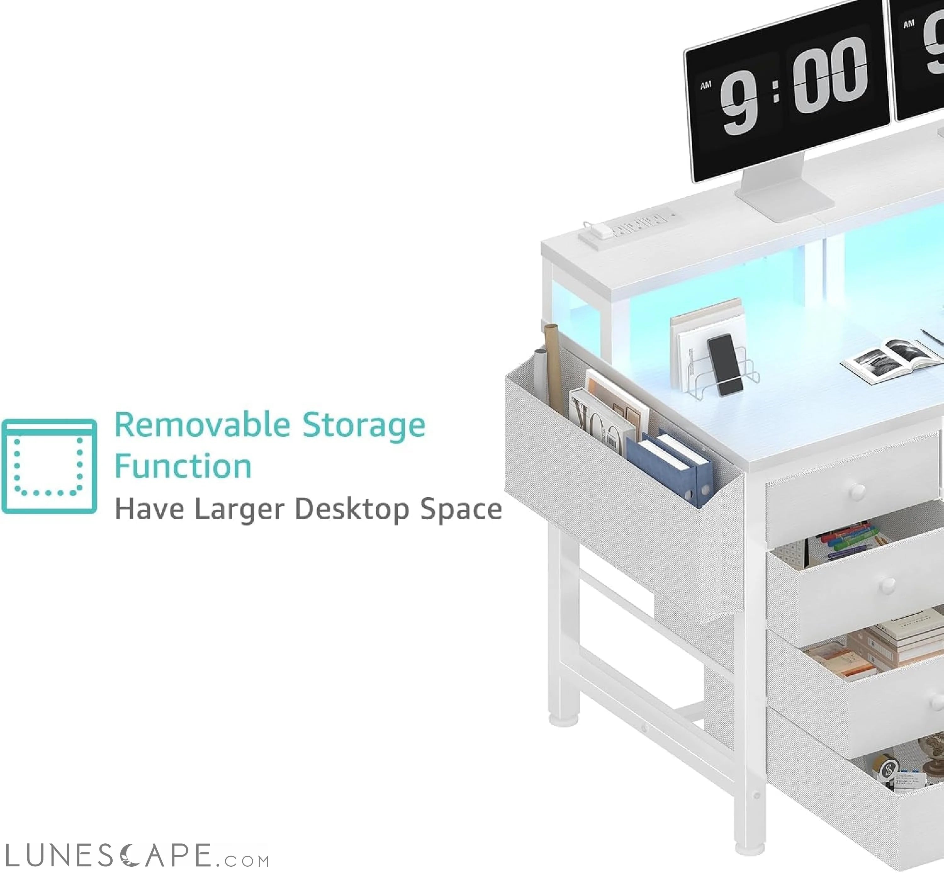 White Desk with 4 Drawers - 47 Inch Gaming Desk with Monitor Stand, LUNESCAPE
