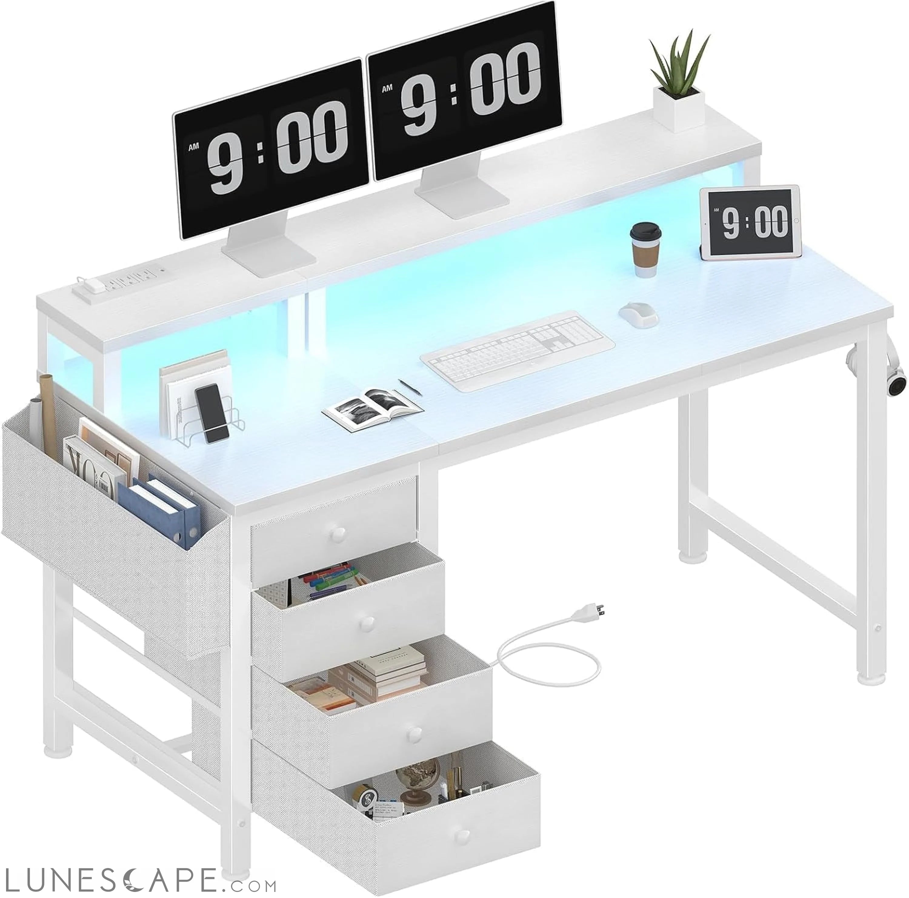White Desk with 4 Drawers - 47 Inch Gaming Desk with Monitor Stand, LUNESCAPE