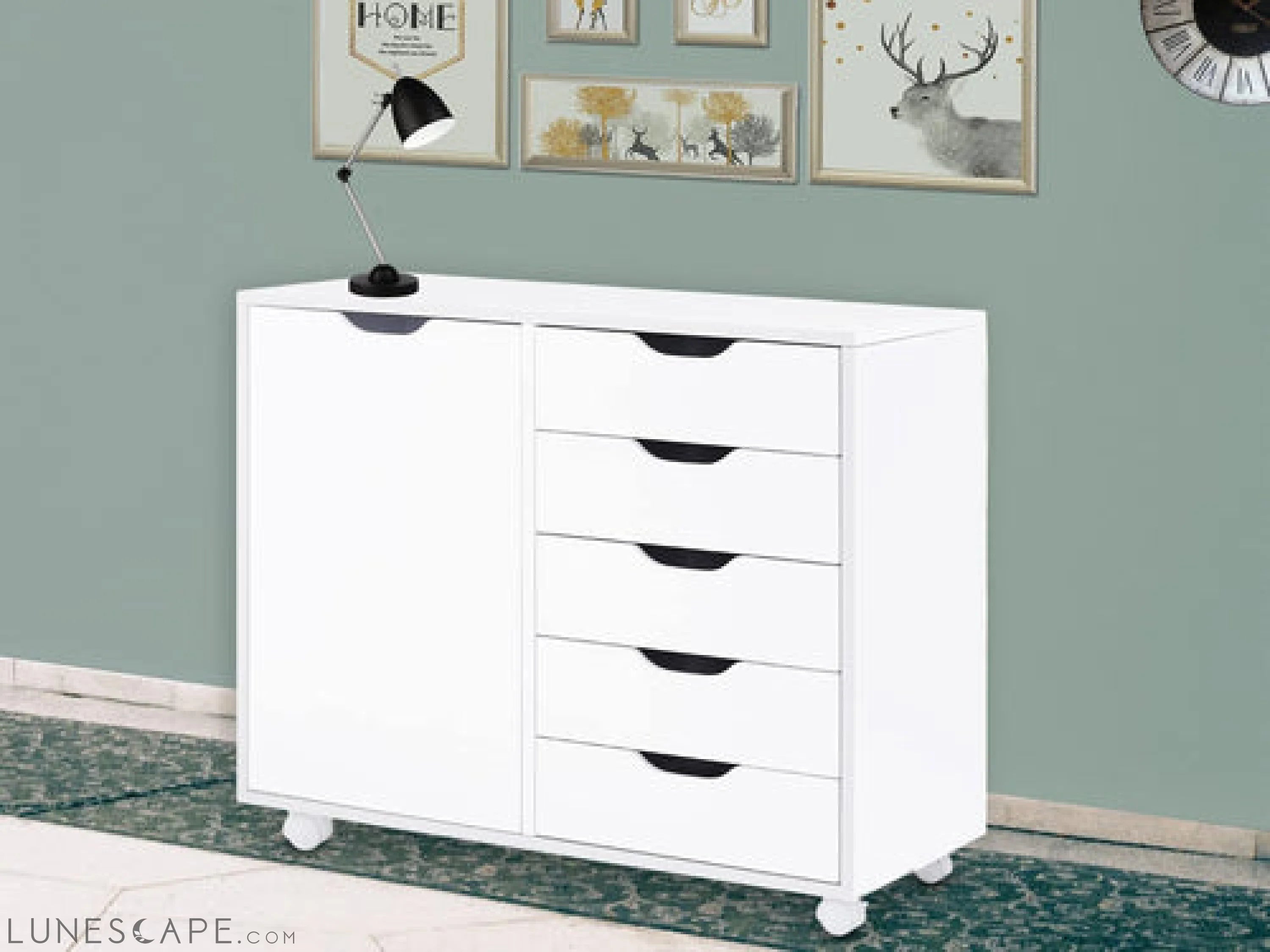 White Dresser with 5 Drawers & Wheels LUNESCAPE